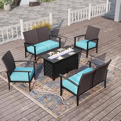 HERA'S HOUSE 5 Pieces Patio Furniture Set,2 x Wicker Chair, 45" Fire Pit Table and 2 x 2-Seat Lover Sofa with Cushions, All Weather Outdoor Conversation Set for Garden, Lawn, Backyard