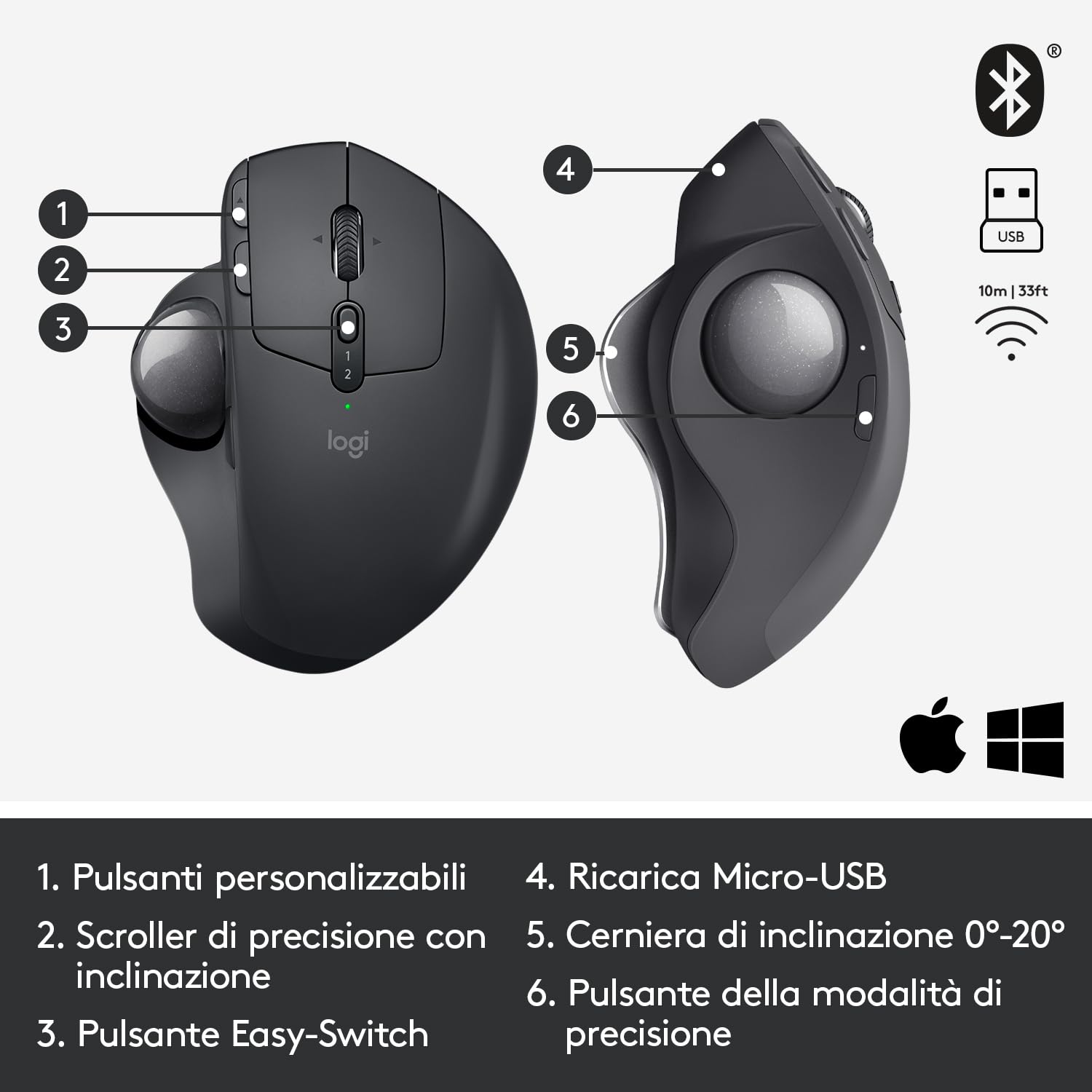 Logitech MX Ergo Mouse Trackball Wireless Ergonomico | Bluetooth o 2,4 GHz con Ricevitore USB Unifying, ‎Angolo Trackball Regolabile, Scorrimento Preciso, PC/Mac/iPadOS - Nero