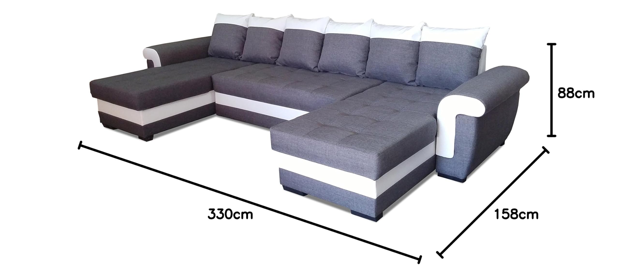 All4All Ecksofa mit Schlaffunktion Ivett U 330 cm x 158 cm - Wohnlandschaft U-Form - XXL Sofa mit 2 Bettkasten - Schlafsofa Groß - Grau/Weiß - Gewebe mit Kunstleder - Modern 19