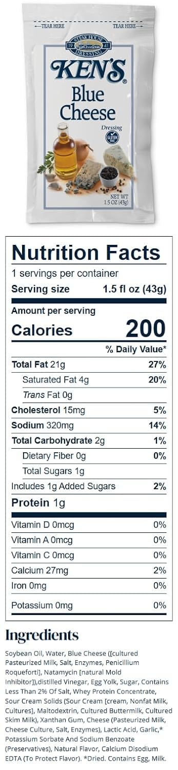 20 Count | Salad Dressing Packets | Individual Single Serve Salad Dressing condiment packets | 1.5 Oz Per Pouch (Blue Cheese)