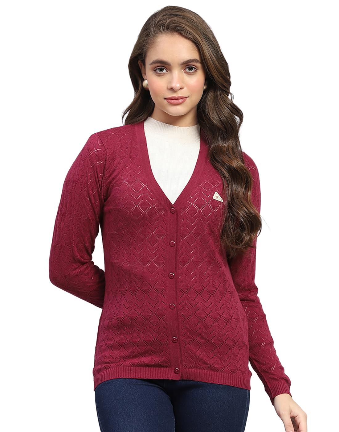 monte carlo Womens Self Design V Neck Wool Blend Cardigan Blue-picture-29
