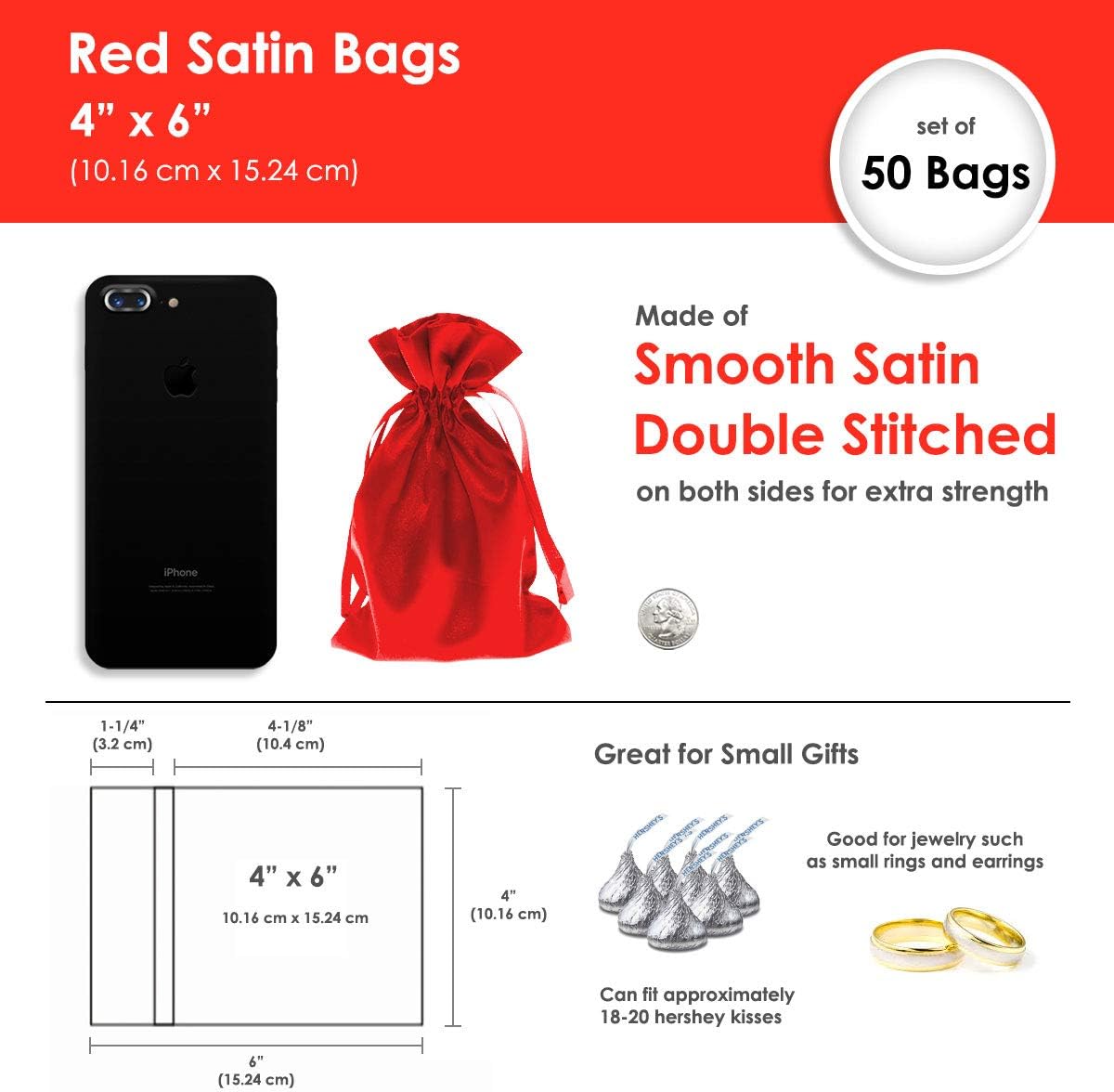 4" x 6" Red Satin Gift Bags - Jewelry, Wedding Favor Drawstring Pouches for Baby Shower, Christmas - 50 Pack - Image 4