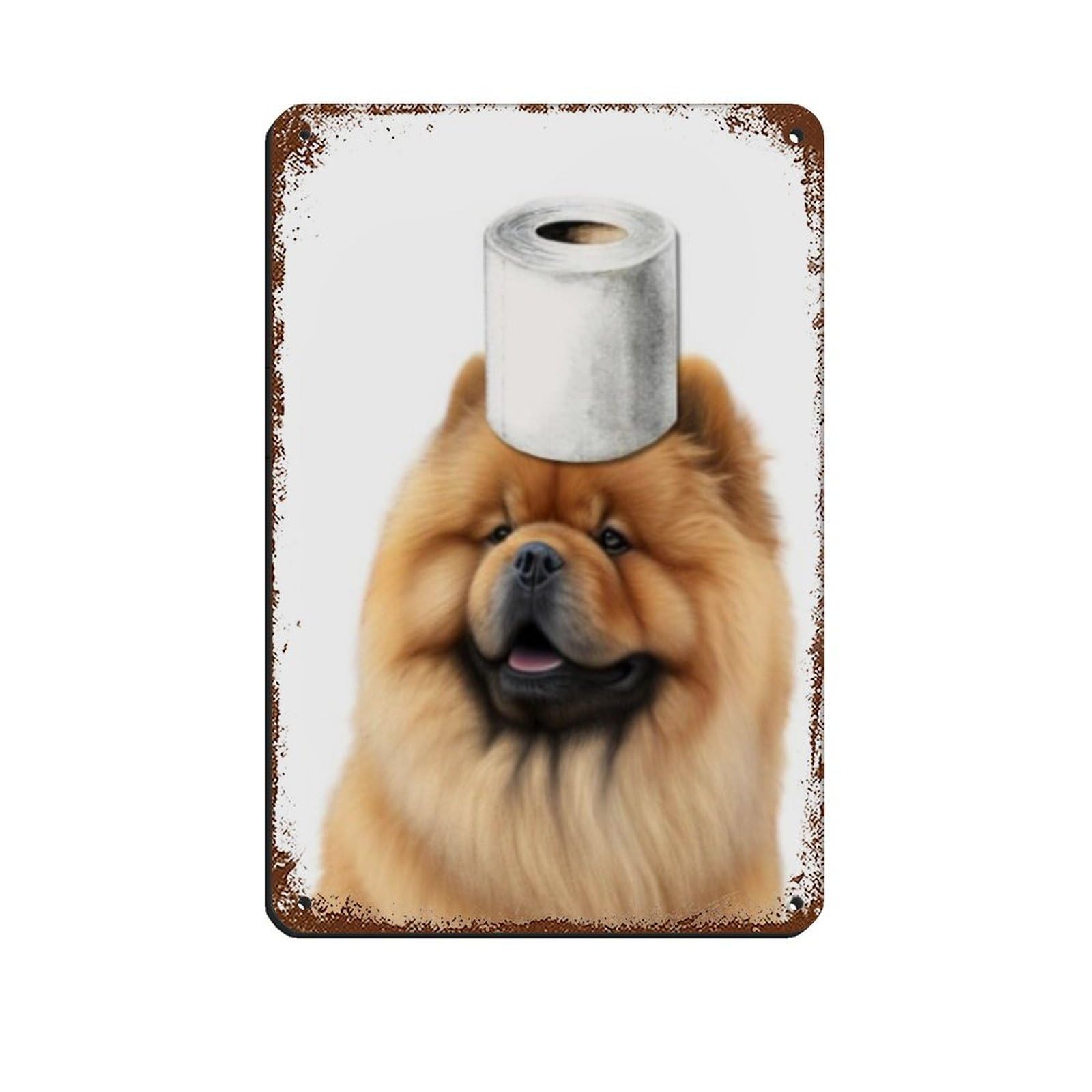 Chow Chow Dog with Toilet Paper on Head Retro Poster Metal Tin Sign Chic Art Retro Iron Painting Bar People Cave Cafe Family Garage Poster Wall Decoration 8x12inch(20x30cm)