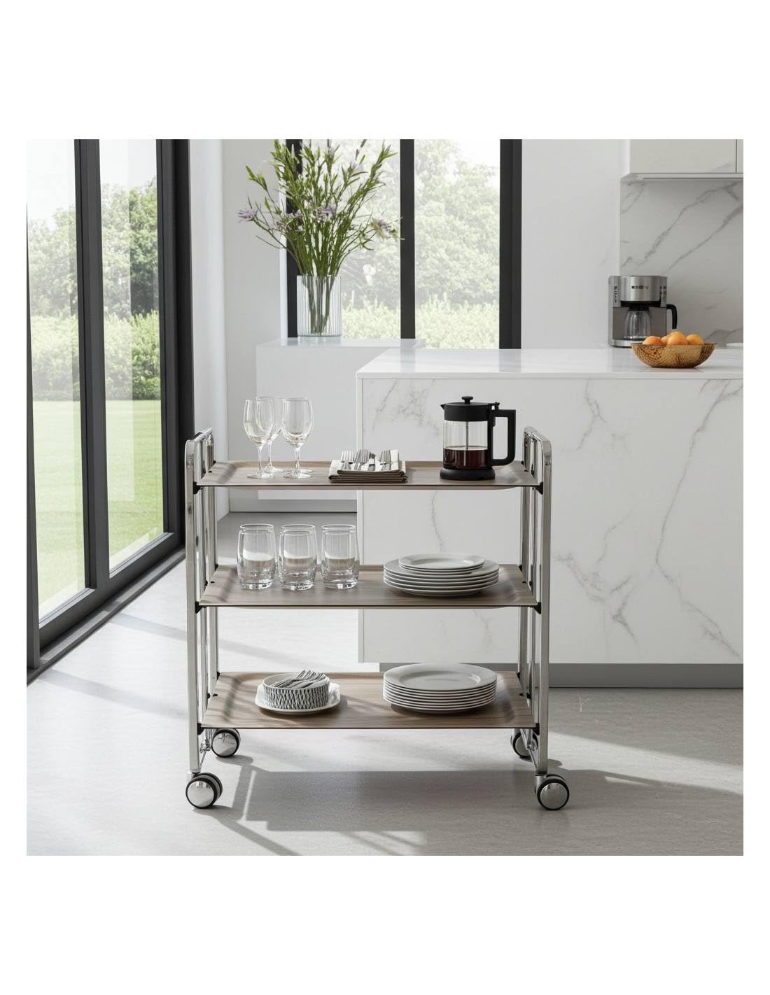 DON HIERRO - Carrito plegable con ruedas BAUHAUS, armazón cromado, 3 estantes. Máxima calidad en el acabado.-Fresno