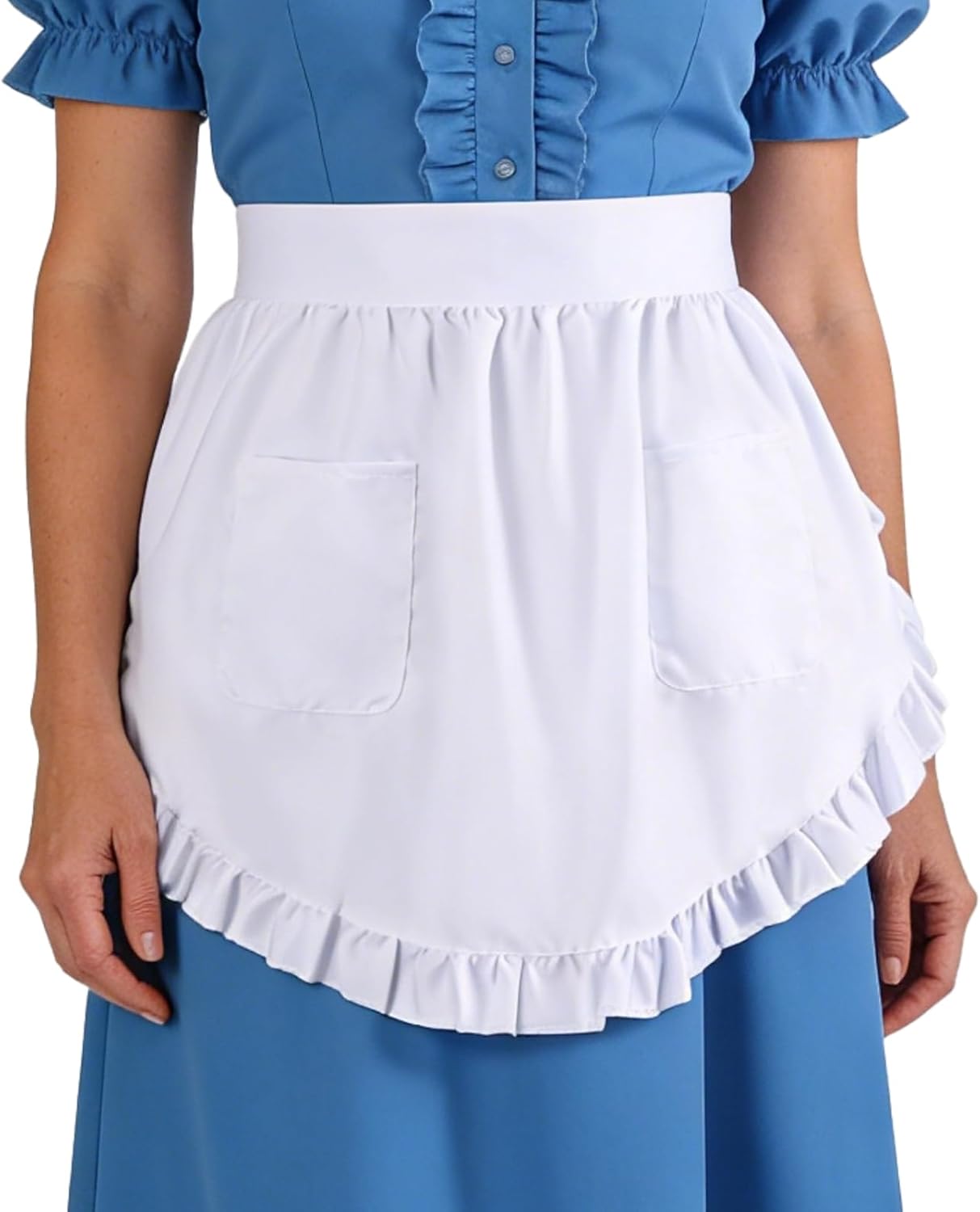 6 Pcs Elegant White Ruffle Polyester Half Aprons, 26 x 16.5 in, 74 in Ties & Pockets, Long-Lasting Waitress Maid Costume Apron for Women, Versatile for Kitchen & Hospitality - Image 2