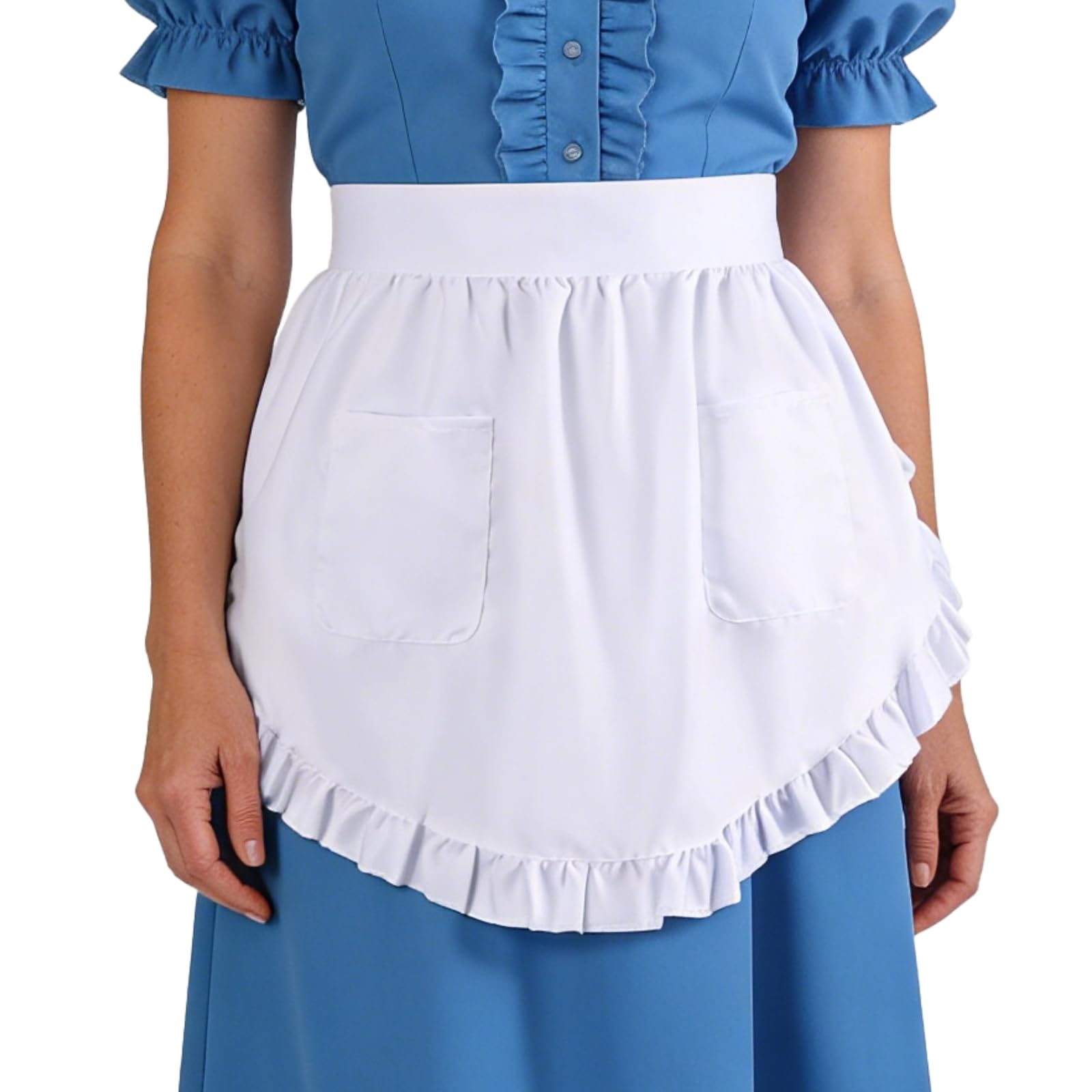 6 delantales blancos de poliéster con volantes, 26 x 16.5 pulgadas, lazos de 74 pulgadas, con bolsillos, delantal para mujer, para cocina y hospitalidad, disfraz de sirvienta de camarera