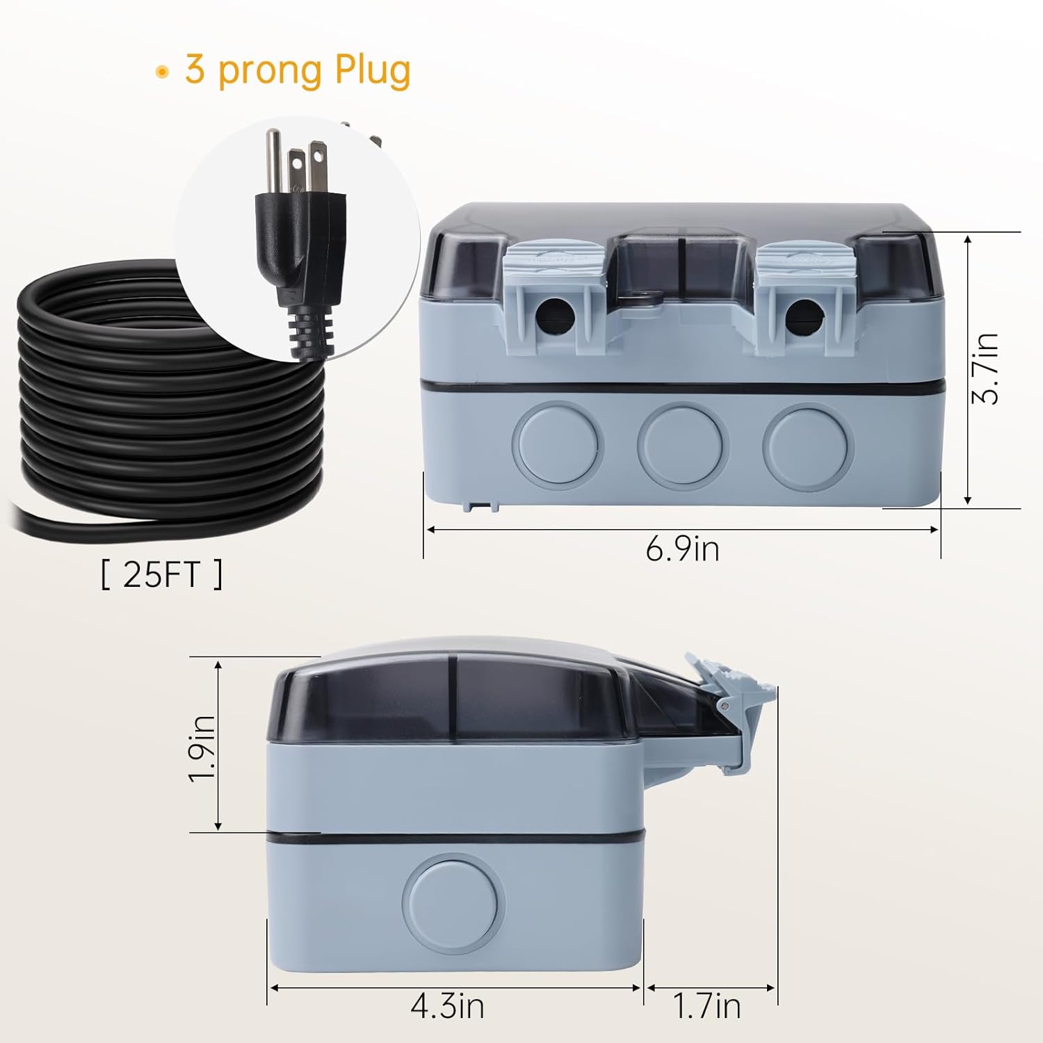STARELO Outdoor Power Outlet with 25FT Extension Cord, IP66 Waterproof Outdoor Wall Power Socket with Cover, 125V 15Amp 2-Gang Switched Wall Plug Socket Box with Switch On-Off and LED Indicator