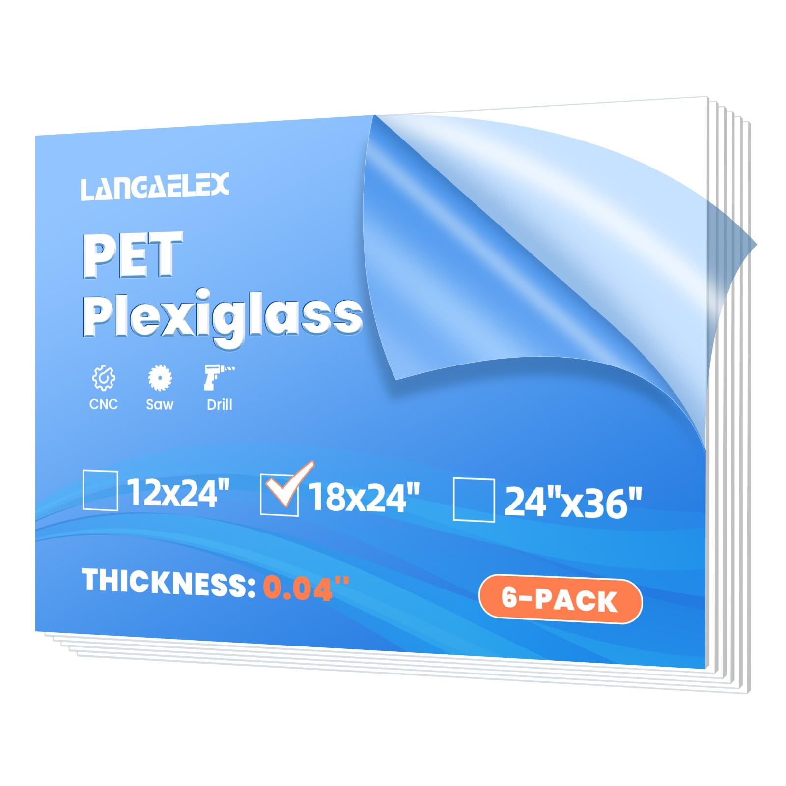 Langaelex 6 Pack of PET/Plexiglass Sheets 18x24-0.04" Clear Plastic Sheet Panels for Picture Frame, Sign Blank, DIY and Crafts Project