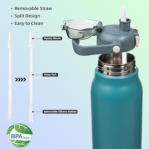 Miniatura 4 de BJPKPK - Botellas de agua con aislamiento y pajilla, metal de acero inoxidable de 45 oz, tapa de apertura con una mano, reutilizables, libres de