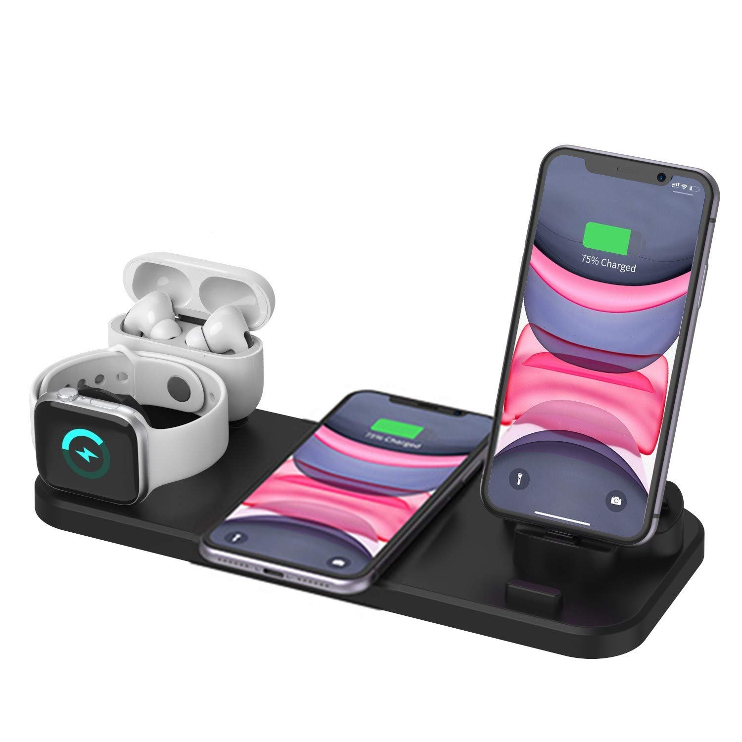 BECROWMEU 6 in 1 Wireless Charger, 15W Fast Wireless Charging Station compatible with iPhone 12/12 Pro/12 Pro Max/12 Mini, Apple Watch Series 6/5/4/3/2/1, AirPods Pro,Android Phones