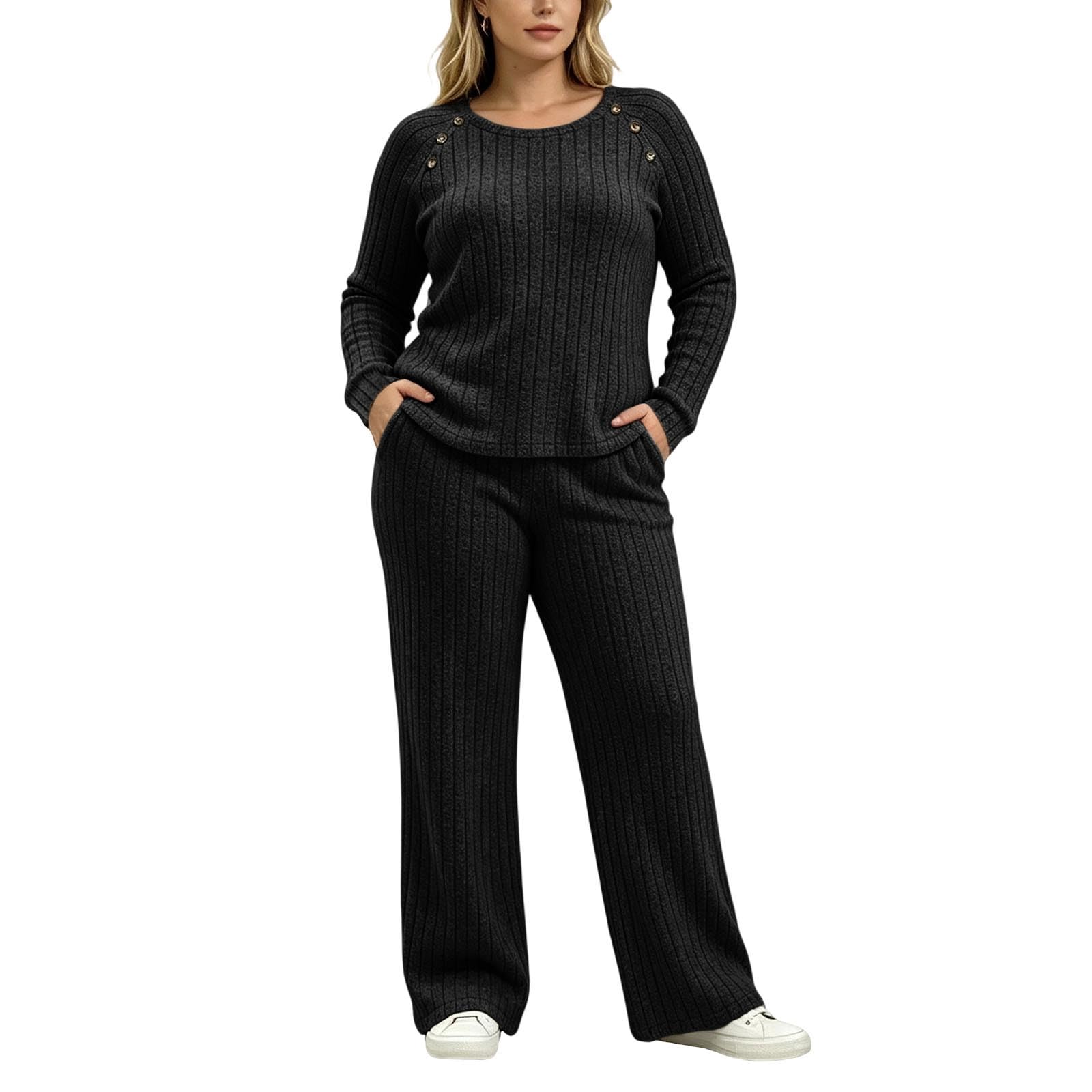 Genérico Conjunto de Punto Elegante con Pantalón y Suéter de Botones