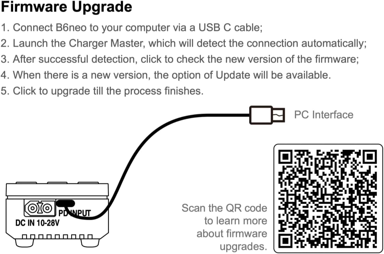 Diagram showing how to connect the SKYRC B6 Neo2 to a PC for firmware upgrade via USB-C