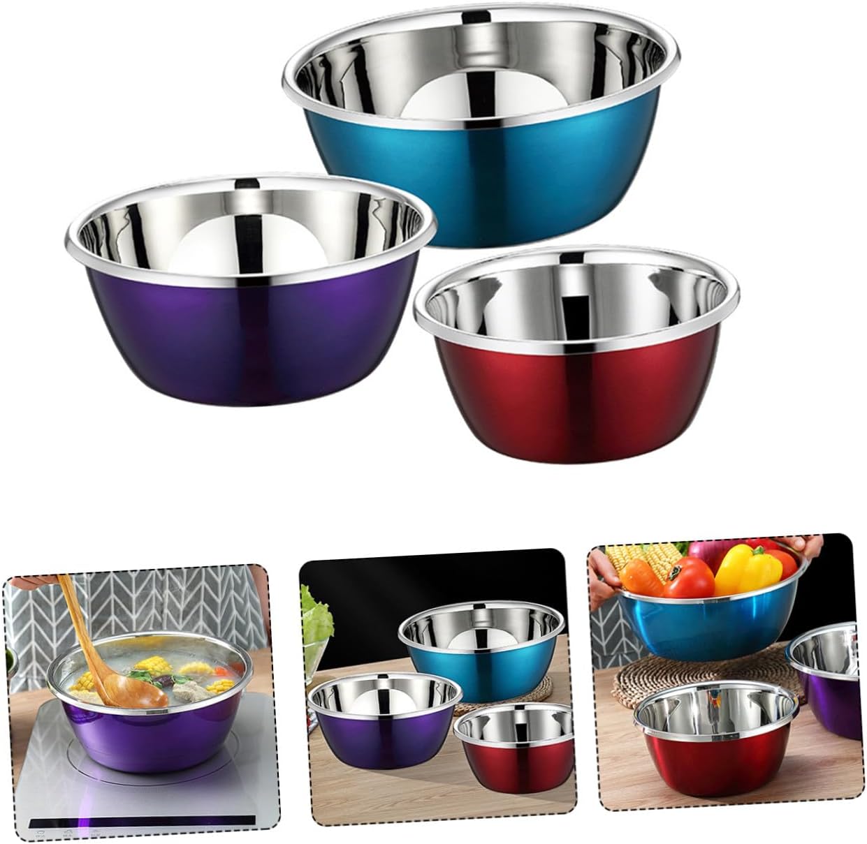 3pcs Stainless Steel Mixing Bowls Set Kitchen Bowls for Whisking Mixing and Serving Salads Baking and Meal Prep Colorful Design