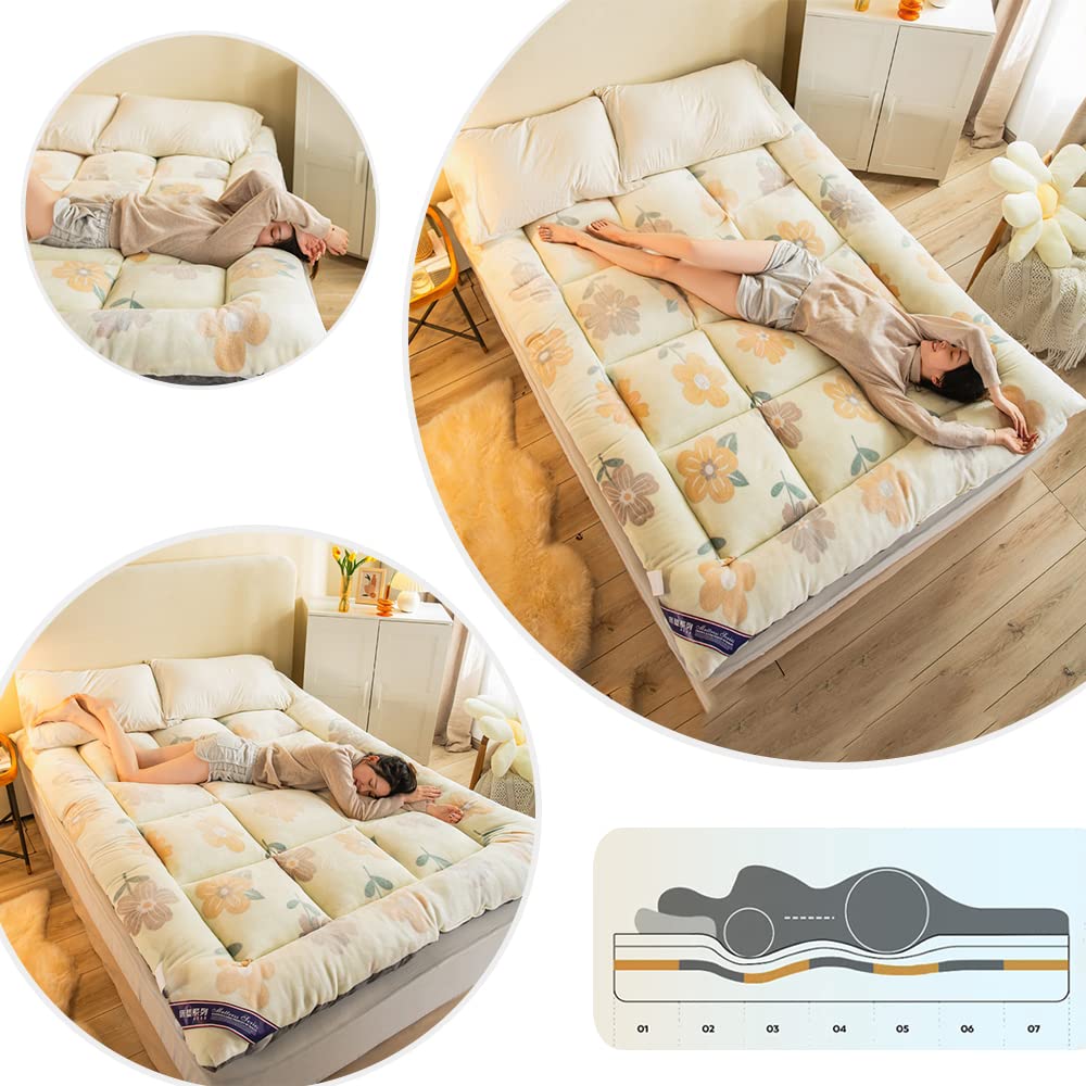 Miękki japoński materac futon o grubości 4 cm przenośne łóżko kempingowe ciepłe pluszowe pikowane podłoga śpiworek kwiatowy wzór 200 x 220 cm (79 x 86 cali) - idealny do domu i podróży