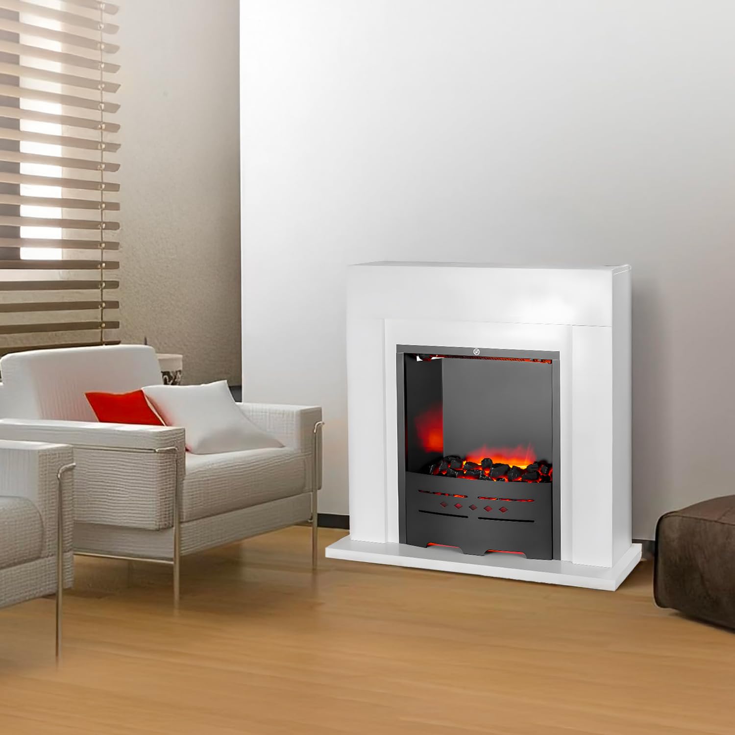 Camino Elettrico Denver 1500W - Caminetto Elettrico con Mobile in Legno Bianco, Effetto Fiamma Regolabile con 2 potenze - Termocamino Decorativo, Caminetto Finto da Terra 77x72,5 cm