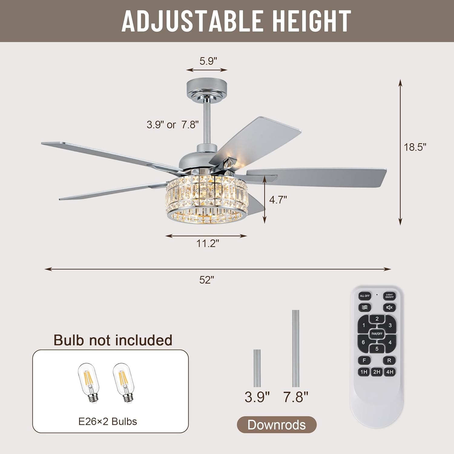 52" Crystal Ceiling Fans with Lights and Remote, Chandelier Ceiling Fan with 5 Wood Reversible Blades,Quiet Motor,Crystal Fandelier Ceiling Fan with Light for Living Dining Room Bedroom