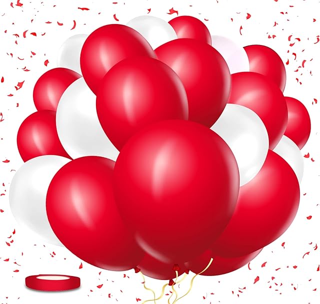 OHugs 12 Inch Red Balloons Set - 31 Pcs Pack of 20 Red Balloons, 10 White Balloons, 1 Ribbon for Valentines Day Decorations, Wedding, Baby Shower, Bridal Shower, Birthday Party