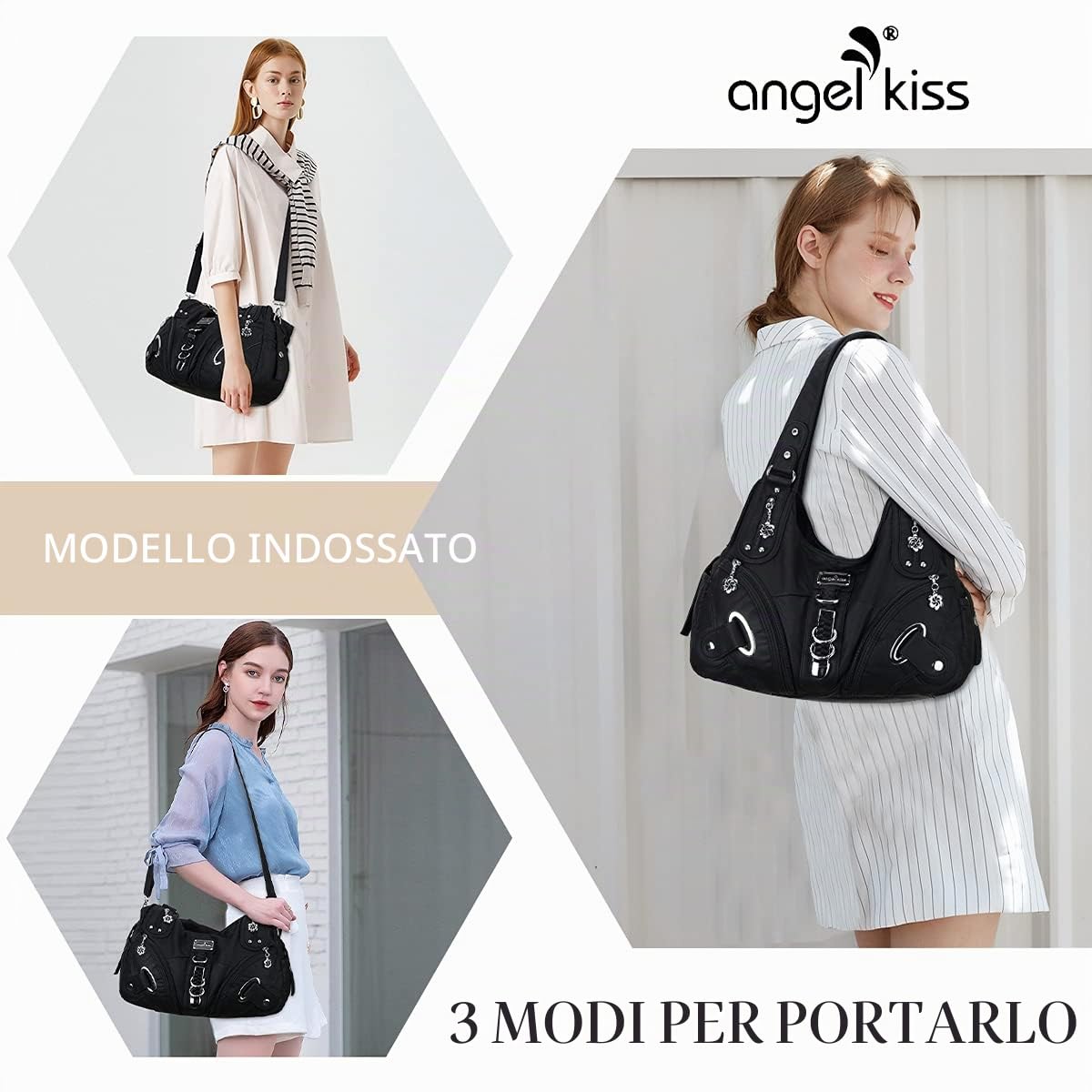 Angelkiss Women Multiple Pockets Purses and Handbags Washed Leather, Two Top Zippers Closure