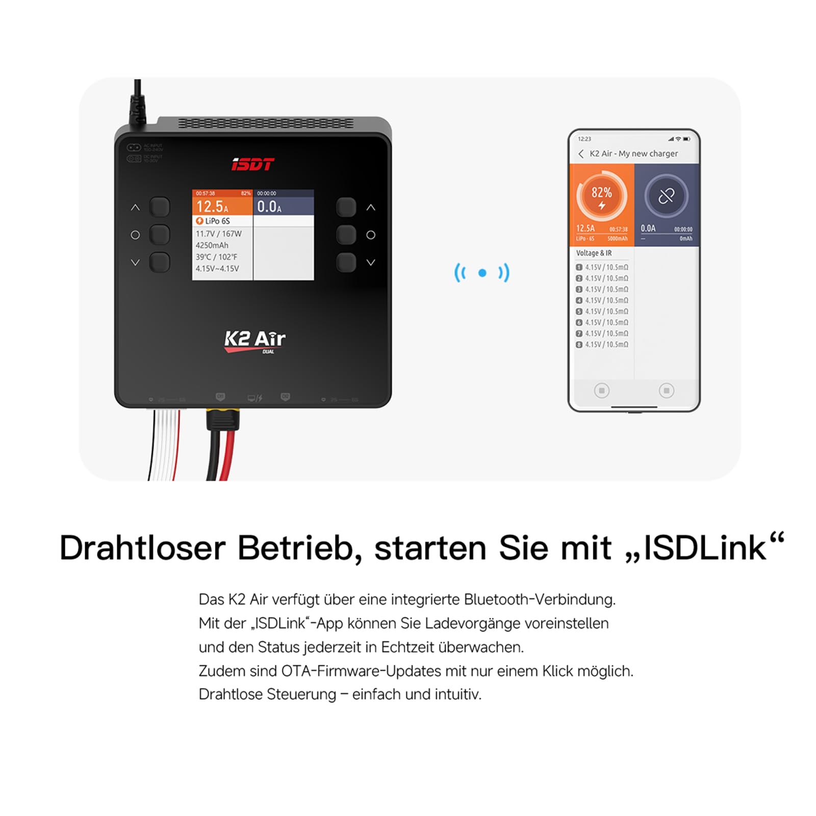 ISDT K2 Air Bluetooth Lipo Ladegerät,AC 200 W DC 500 W x 2 20 A Smart Balance Entlader/Ladegerät,Zweikanal-Schnellladegerät für Life/Lilon/LiPo/LiHv 1-6S,Pb 1-12S,NiMH/Cd 1-16S Akkus