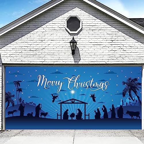 DOTOOMA 6 x 13 FT Holy Nativity Merry Christmas Holiday Garage Door Banner Yard Sign Barn Birth of Jesus Nativity Scene Religious Blue Decoration for Santa Outdoor Home Wall Decorations