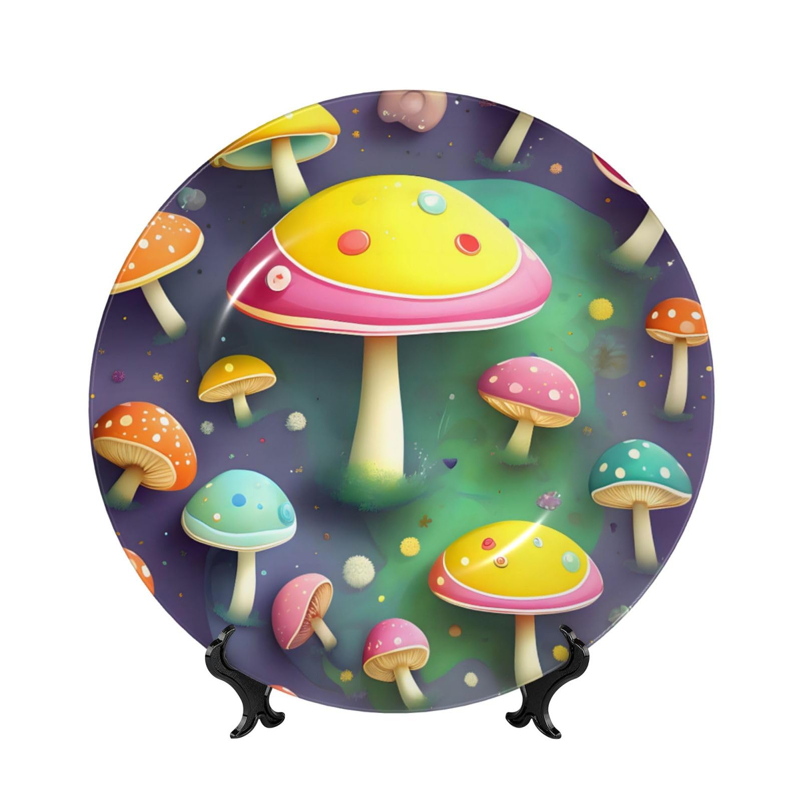 SXZVVBN Colorful Dream Mushroom Bone China Decorative Plate Art with Stand Removable Adhesive Hanging for Home Office 6in（15cm）