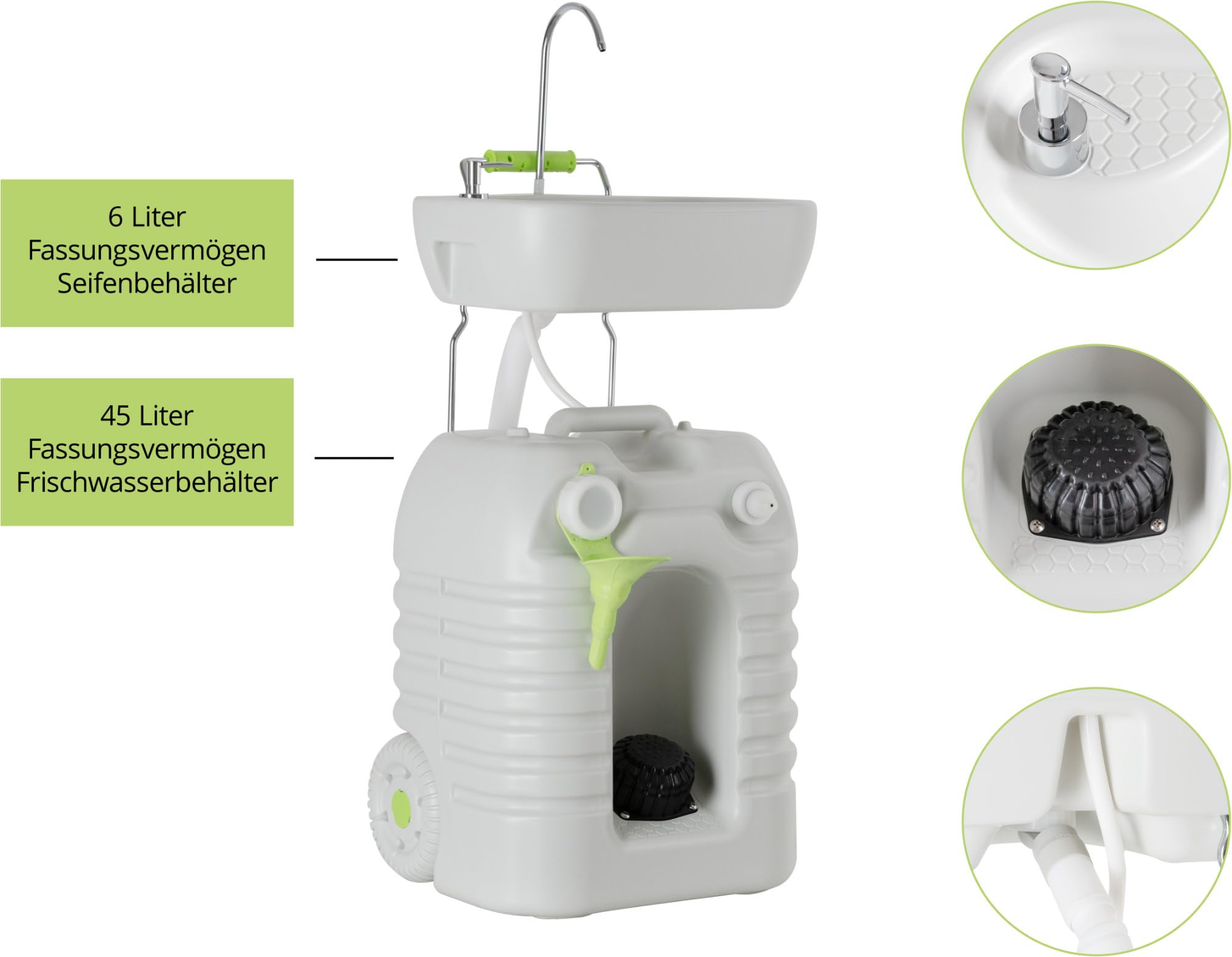 Stagecaptain PSW-45 Quixie Portables Festival Camping-Waschbecken - Mechanische Fußpumpe - Wassertank mit 45 Liter - Höhenverstellbares Spülbecken inklusive Spender für Flüssigseife - hellgrau