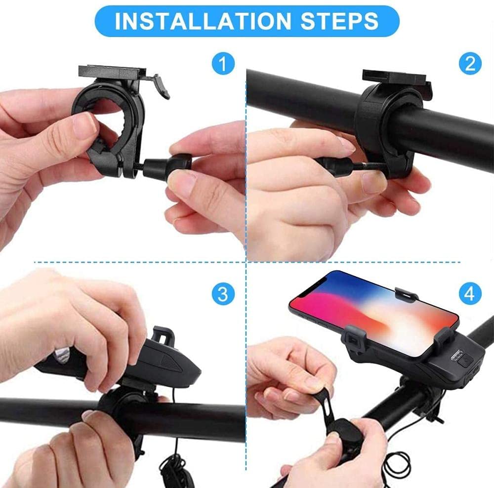 Światło rowerowe Światło rowerowe 4 w 1, Akumulatorowe światła rowerowe USB Reflektor rowerowy Przednie światło Wodoodporny z klaksonem rowerowym Rowerowy uchwyt na telefon komórkowy Super