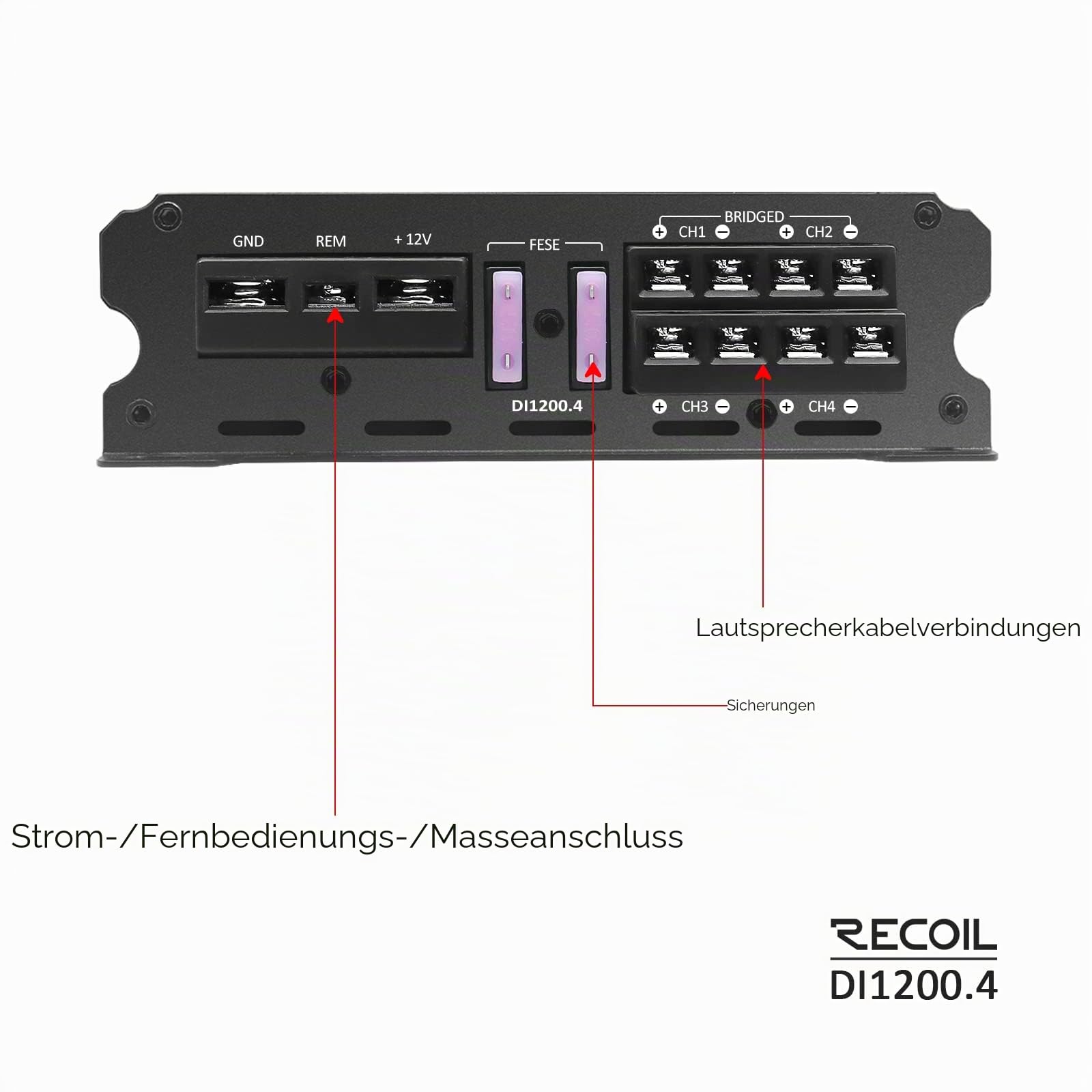 RECOIL DI1200-4 Full-Range Class-D 4-Kanal Auto-Audio-Verstärker, 2.400 Watt, 2-4 Ohm stabil, MOSFET-Stromversorgung, brückbar