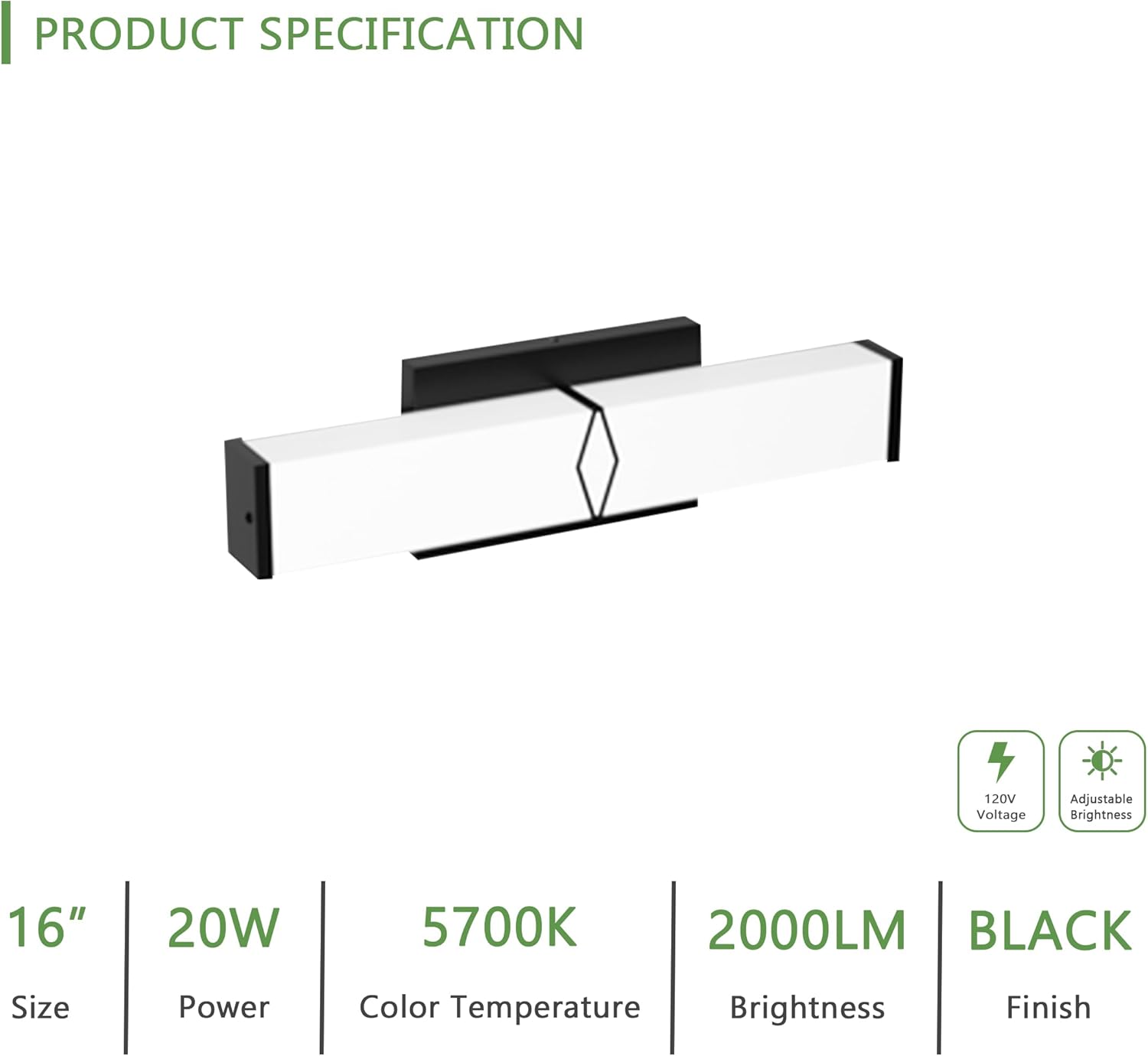 16 Inch Bathroom Vanity Light 2000LM, 5700K Daylight White Modern Bathroom Light Dimmable, AC 120V 20W Matte Black LED Vanity Lighting Fixtures Wall Sconce ETL Certified, 1Pack