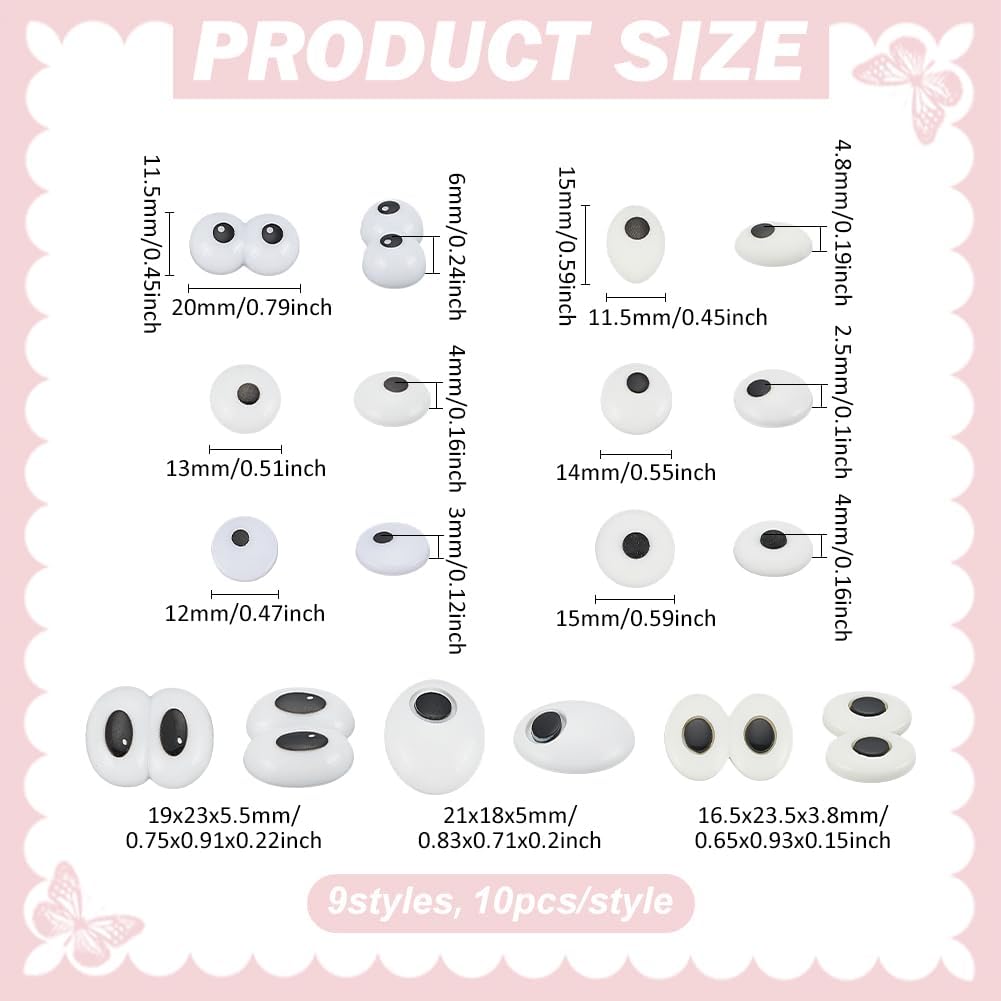 PH PandaHall 90pcs 9 Styles Safety Eye Cabochons, 16~24mm Cartoon Character Eyes White Resin Crochet Puppet Craft Eyes for Knitted Creations Amigurumi Stuffed Animals DIY Clay Decor
