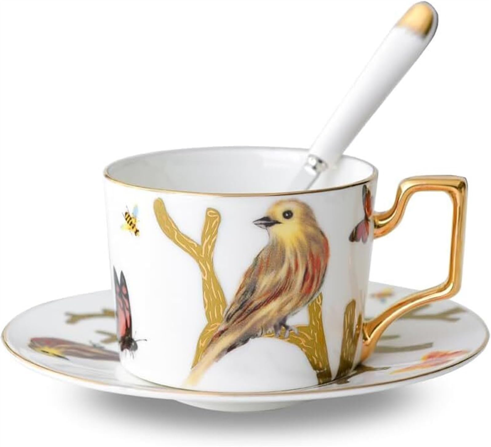 Ceramic Coffee Tea Cup and Saucer Set Sparrow Bird Magpie Pottery Coffee Mug and Saucer Set Milk Juice Mug Plate Birthday Gift for Office and Home