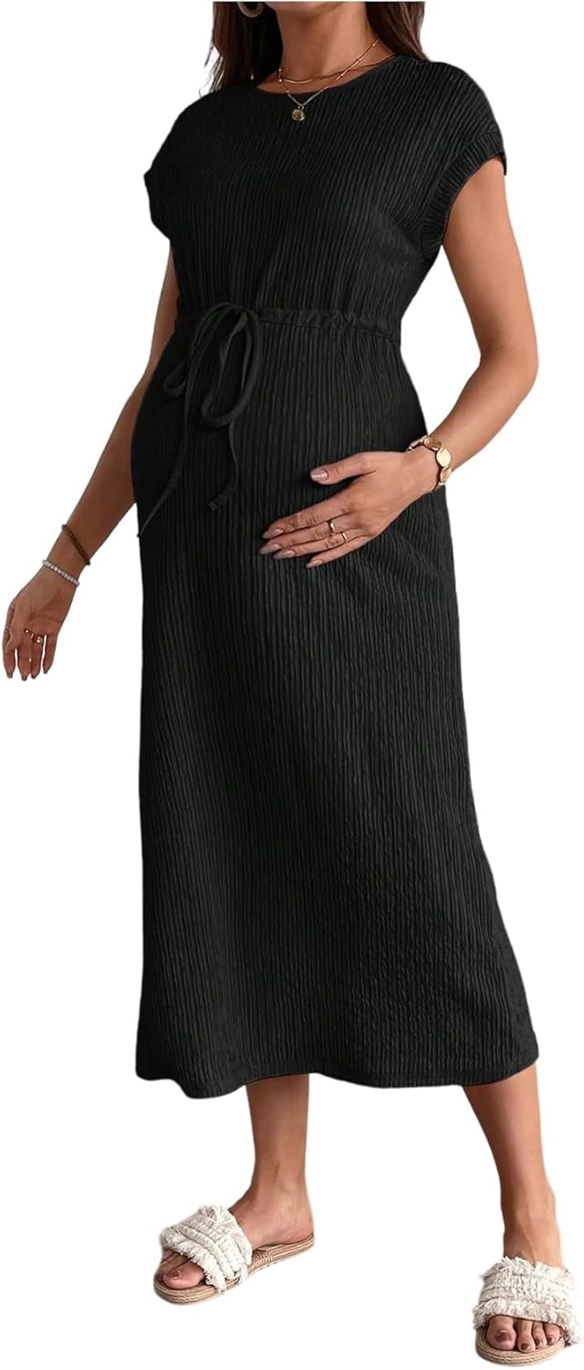 OYOANGLE Women's Maternity Summer Casal Short Sleeve Midi Dress Drawstring Waist Textured Pregnancy T Shirt Dress