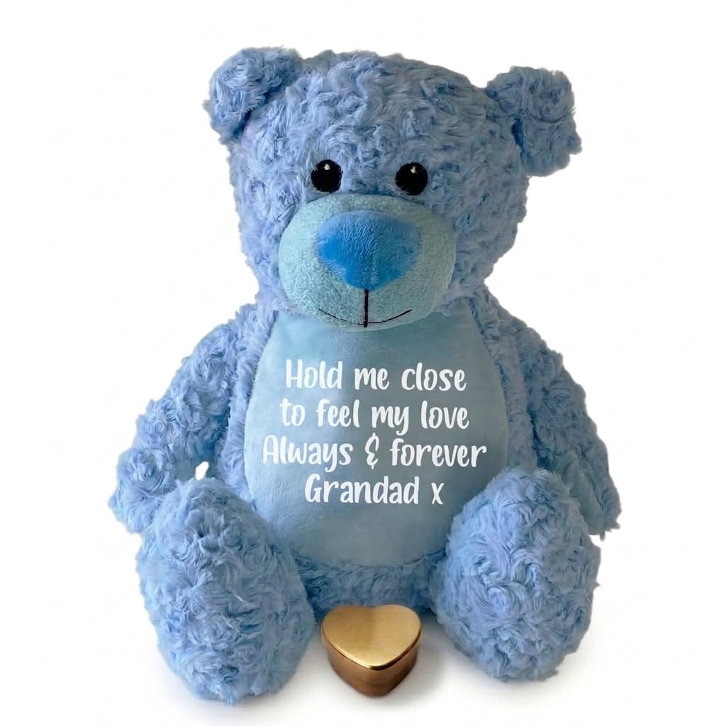 The Lovely Keepsake Company Blue Large Personalised Ashes Keepsake Memory Teddy Bear – | Bereavement Memorial Gift | Metal Heart Shaped Tin Ashes Urn | Soft Remembrance Teddy Bear Grief Keepsake | Ashes Urn | 42Cm Tall