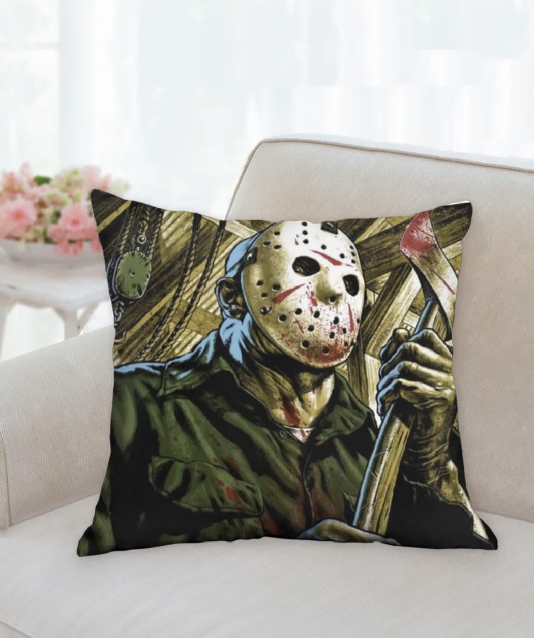 Jason Voorhees Venerdì 13 Halloween Horror Movie - Federa per cuscino spaventoso | Idea regalo unica per la casa | 45 x 45 cm 45,7 x 45,7 cm | Jason Voorhees Ritratto