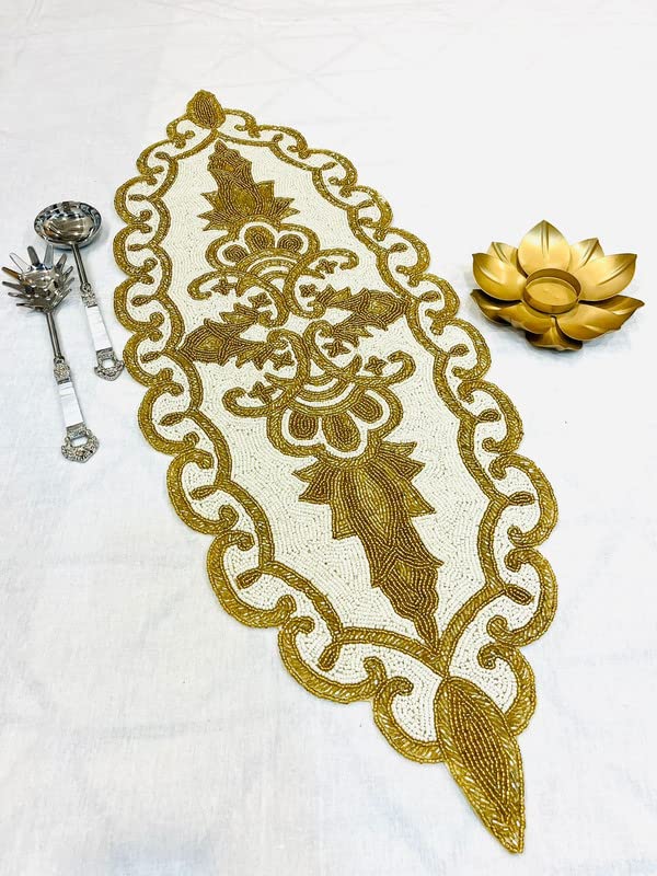 Image of Elegant Golden Table Runner for Center Table, Pack of 1 (13 x 36 Inches) - Premium Multicolor Handcrafted Dining Table Runner for Living Room, Kitchen & Home Decor
