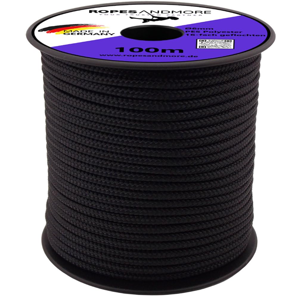 Polyesterseil PES Ø6mm – 16-Fach geflochten – Robustes, reißfestes Seil – UV- & witterungsbeständig - Garten, Outdoor, Camping, Handwerk & Hobby - Made in Germany (Schwarz, 50m - (lfm.) - ohne Spule)