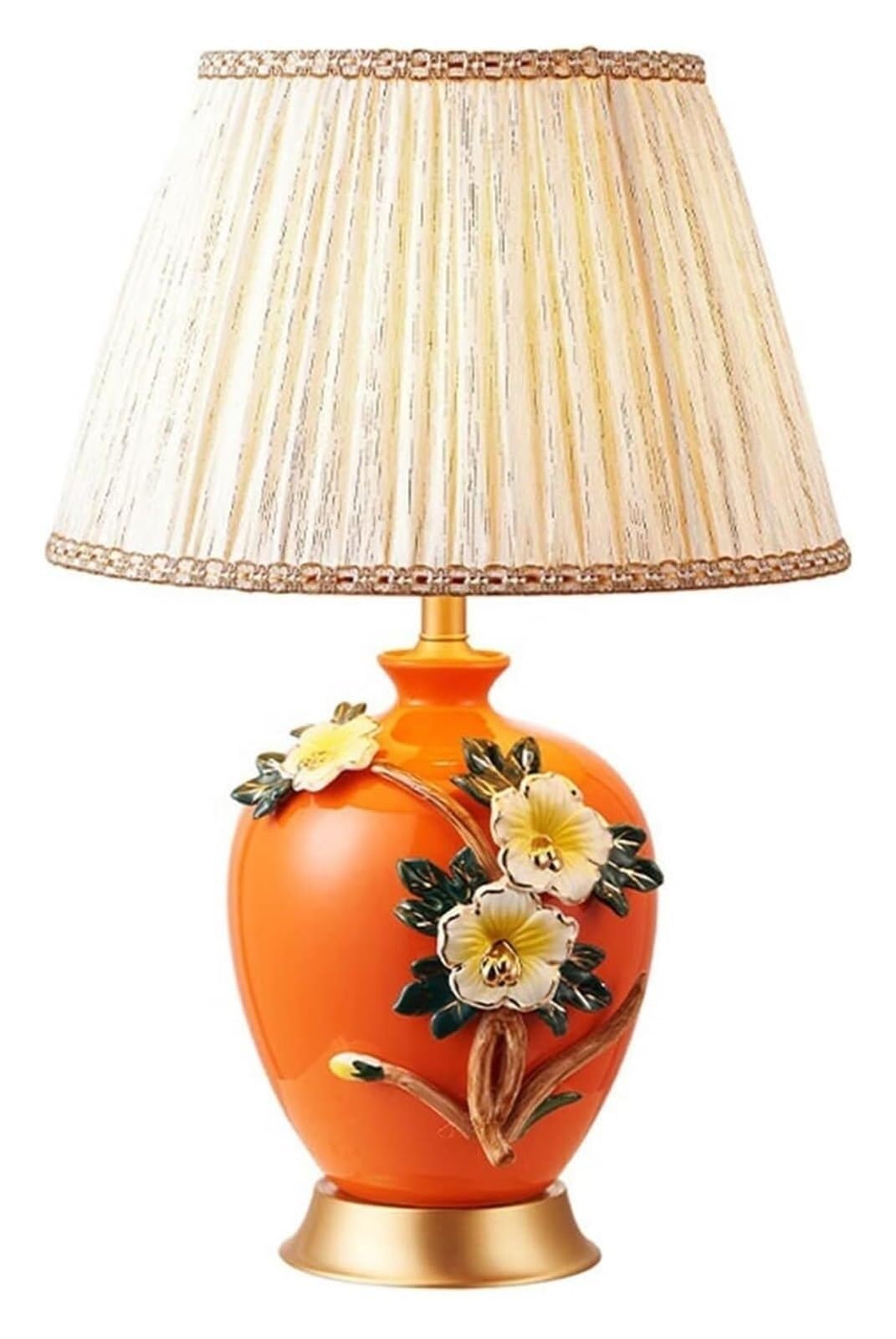 Pomarańczowa emaliowana ceramiczna lampa stołowa w kwiaty, lniany klosz Lampka nocna na biurko z miedzianą podstawą, Lampa dekoracyjna z przyciskiem