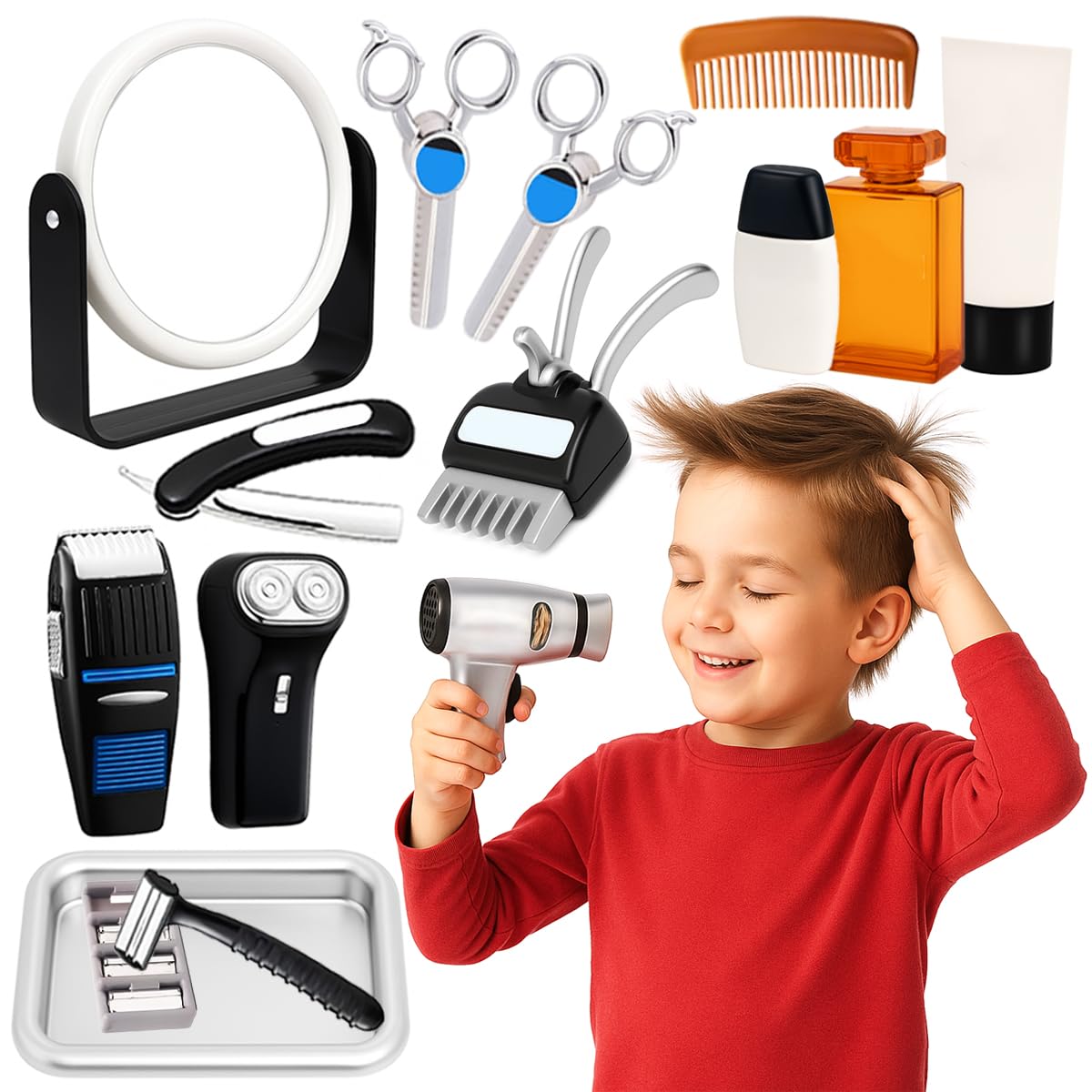 Toyana 17 Pcs Kids Barber Shop Hairdressing Toy Set, Barber Salon Hair Stylist Role Play Grooming Tools Kit with Hair Dryer, Clipper, Shaver, Scissors, Pretend Play Gift for Children Ages 3+ Years — image 1