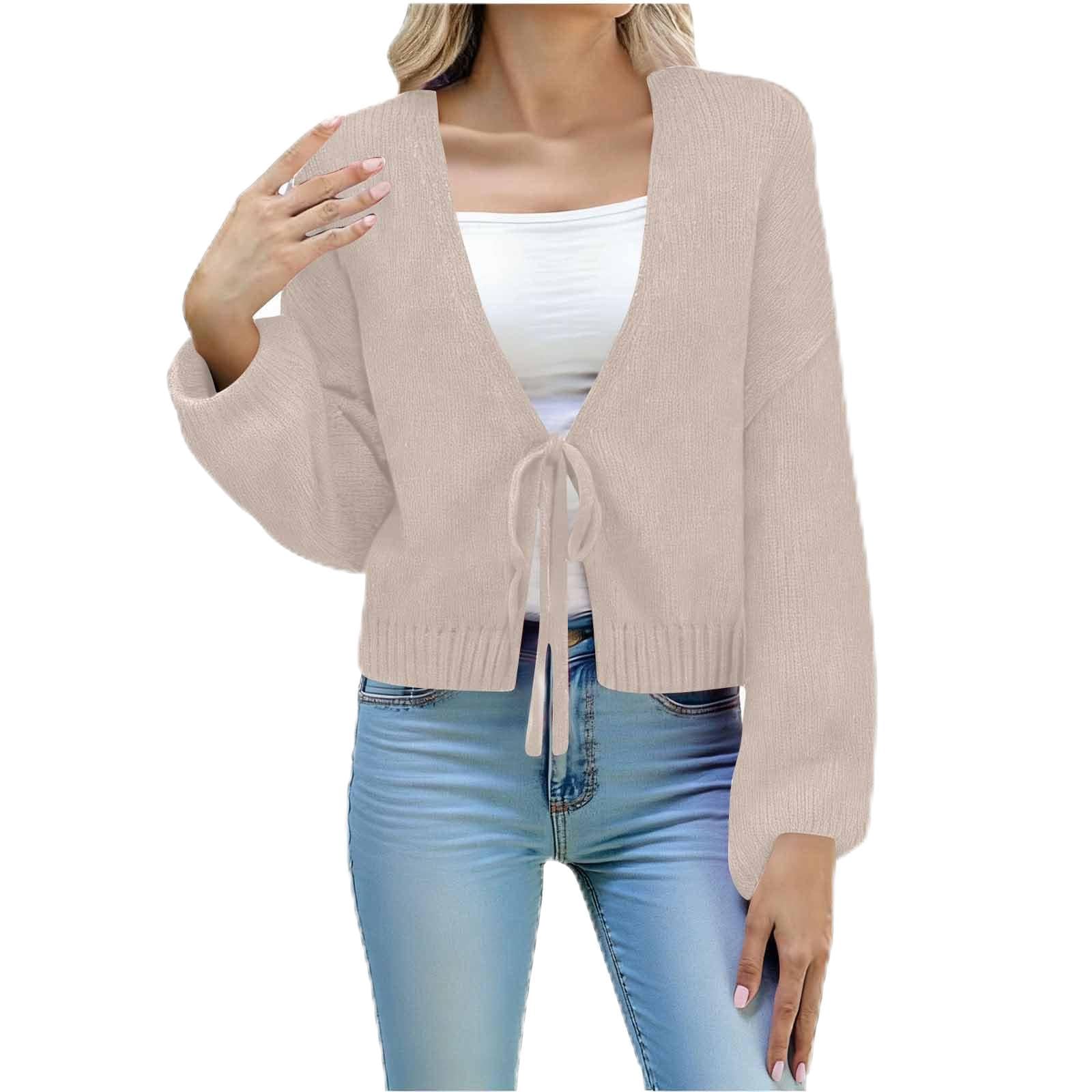 Cardigan Sweaters for Women Tie Front Bow Long Sleeve Solid Casual V Neck Coats Trendy Fall Loose Fit