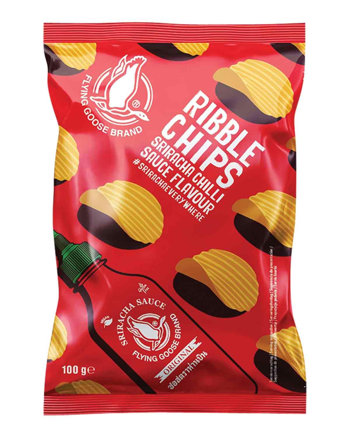 FLYING GOOSE Ribble Chips Sriracha Chilli, Knusprig würzige Kartoffelchips mit dem Geschmack der thailändischen Sriracha Chilisauce, 1 x 100 g Einzelpackung