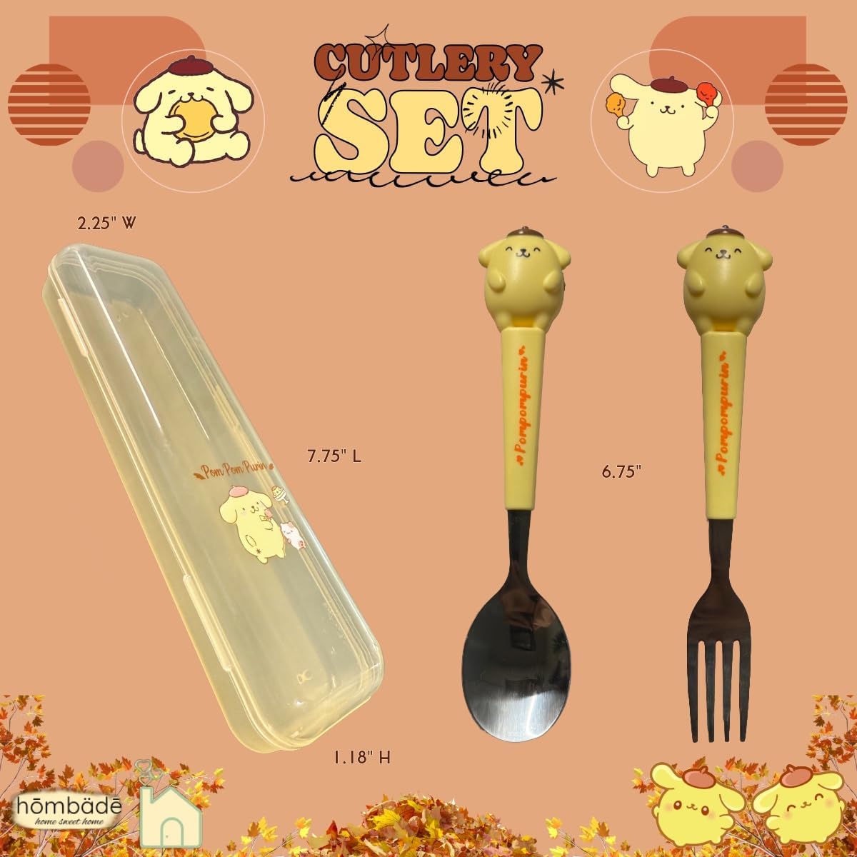 Stainless Steel Cutlery Tableware Flatware Silverware 3 Piece Set Portable Reusable Travel Cute Kawaii Anime Cartoon Dog Bunny for Boys and Girls (Yellow Pom Pom) image 4