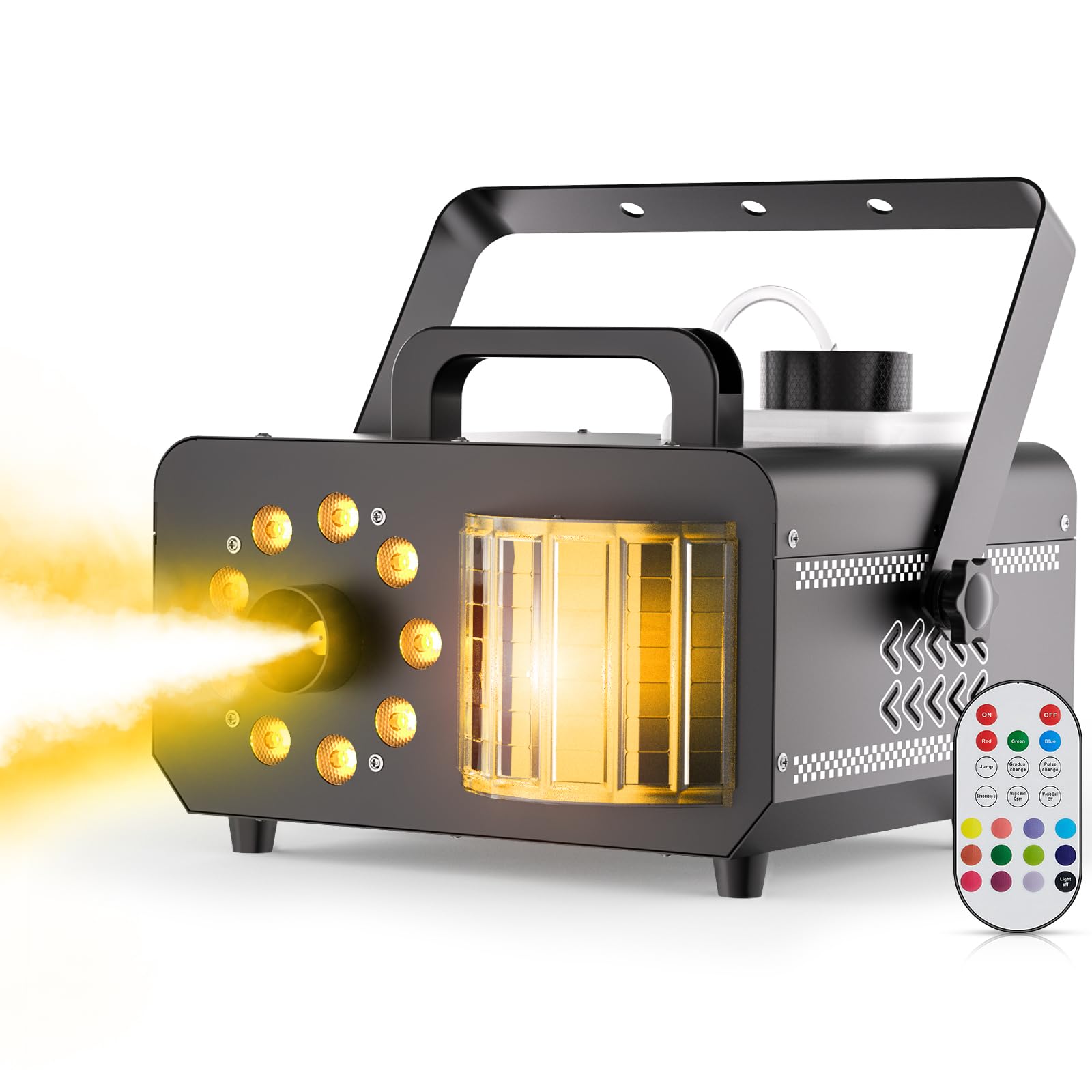 1200W Macchina del fumo 3000 CFM con telecomando e 9 LED RGB derby, 14 colori statici/auto/jump/strobo Macchina della Nebbia per palco, Halloween, discoteca