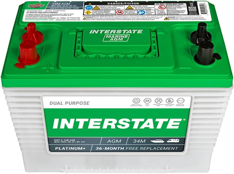 Interstate Batteries Marine/RV Battery 12V 62Ah 800CCA (34M-AGM) Dual Purpose Power Pure Lead AGM RV & Marine Starting Replacement Battery (Group Size 34M) Boats, RV's