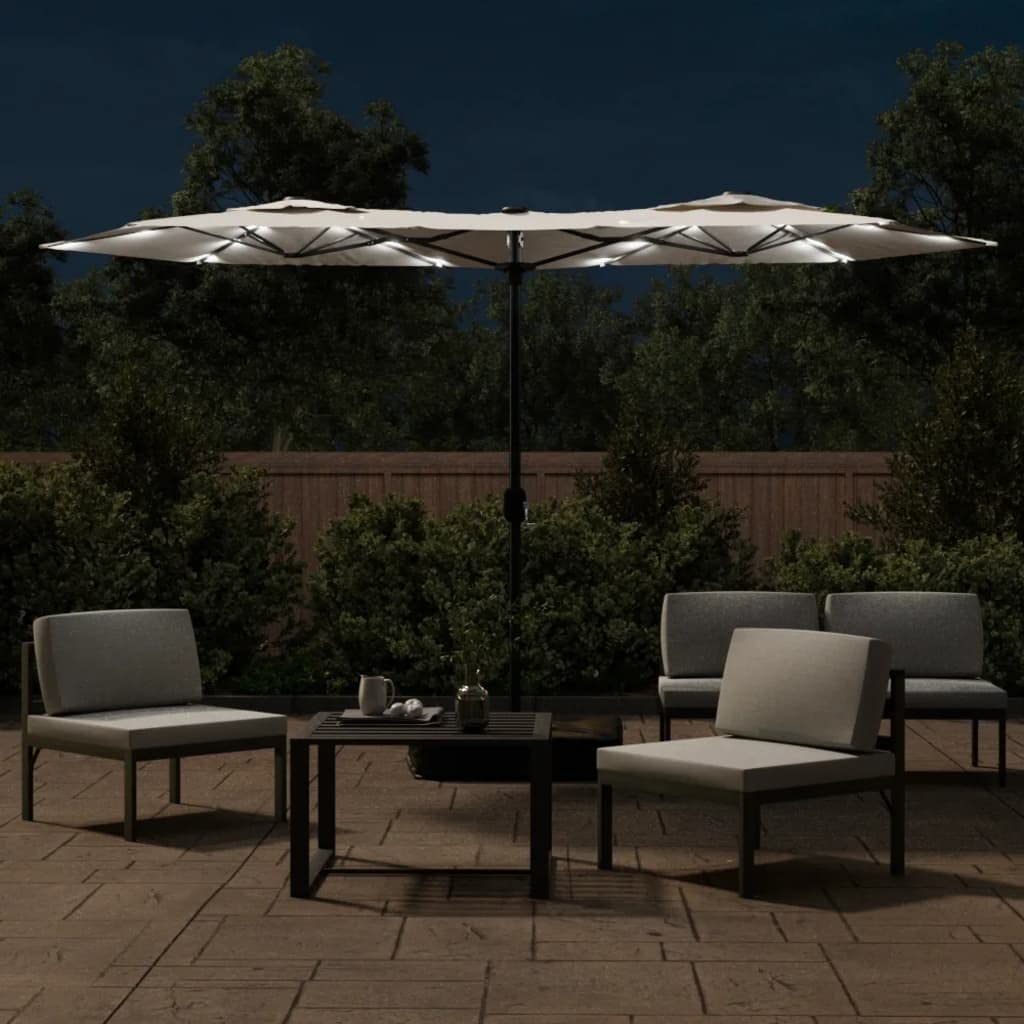 Sombrilla doble con iluminación led, blanco arena, 316 x 145 cm, resistente a los rayos UV, para jardín, terraza y zona de piscina