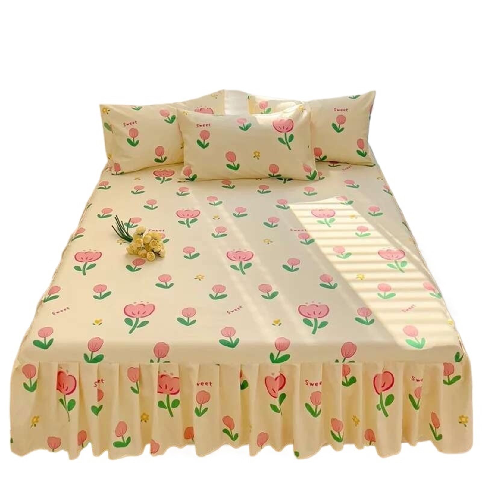 Ruffled Bedspread Floral Bed Skirt - Printed Brushed, Ruffled Non-Slip Bedspread With Pillowcase (Queen/King)(Color 04 34 * 27mm,180x200cm 3pcs Set)
