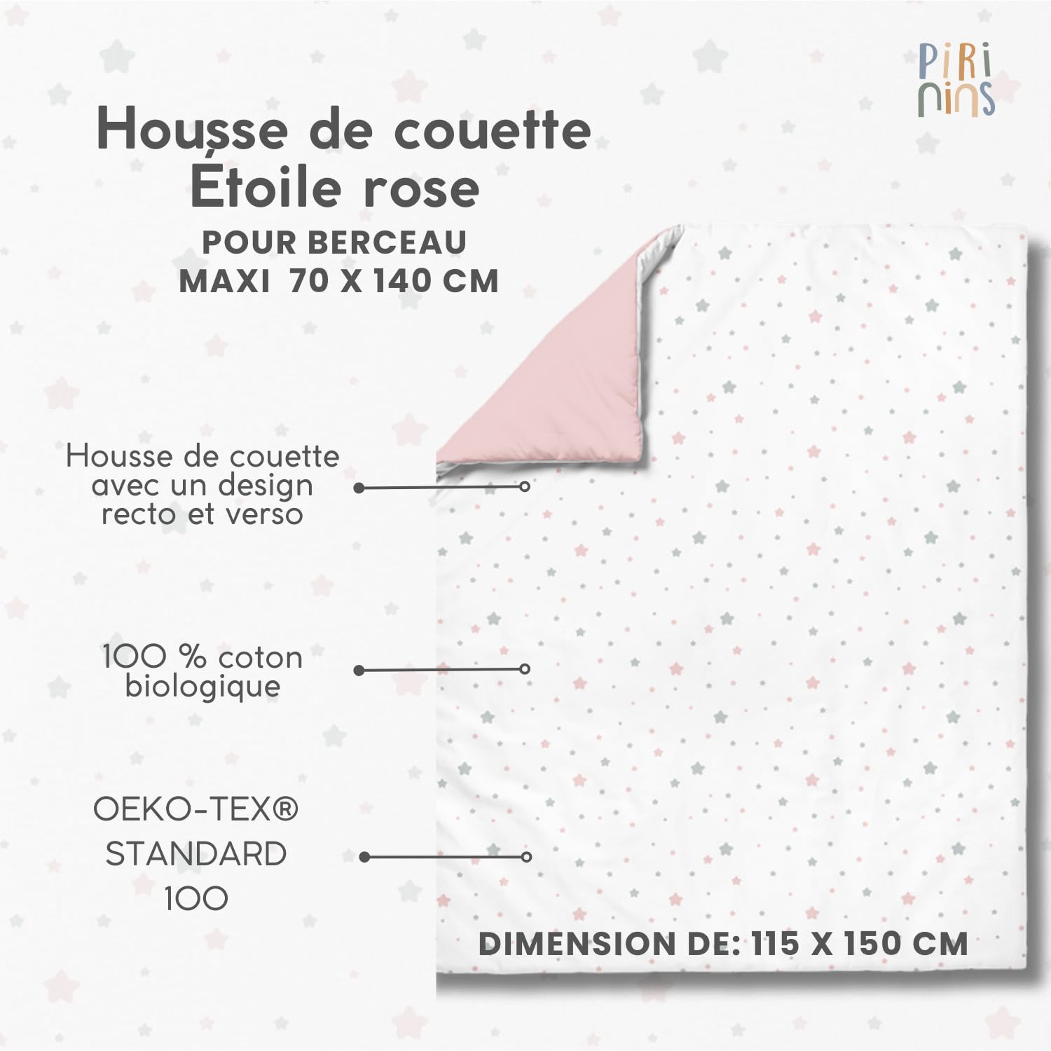 Housse de Couette 100% Coton Biologique pour Berceau d'enfant de 70 x 140 cm, réversible, prévention des Allergies, Ultra Douce, Collection Premium, Industrie espagnole (Étoile Rose)
