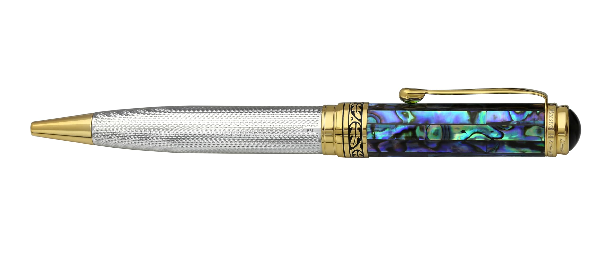 Xezo Maestro Ballpoint Pen, Solid 925 Sterling Silver and Blue Pāua Sea Shell with 18 Karat Gold Plating. Handmade, No Two Alike, Serialized
