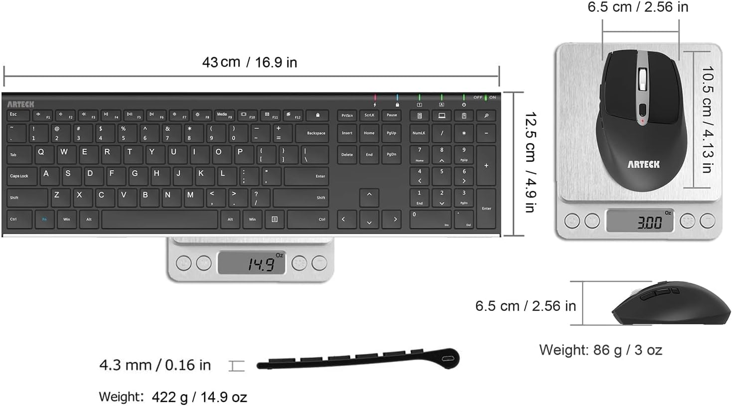 Arteck 2.4G Wireless Keyboard and Mouse Combo Stainless Steel Ultra Slim Full Size Keyboard and Ergonomic Mice for Computer Desktop PC Laptop and Windows 10/8/7 Build in Rechargeable Battery