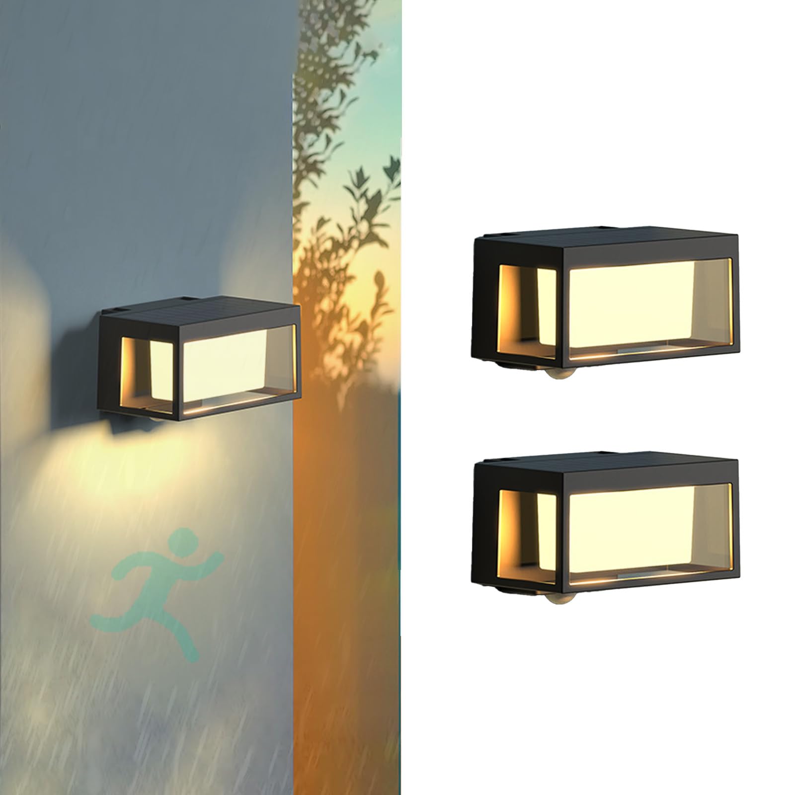 LED Solar Außen Wandleuchten IP65 Wasserdicht Modern Wandleuchte mit Bewegungsmelder Rechteckige Wandbeleuchtung Aussen für Terrasse Korridor Gärten Treppenhaus (Schwarzes Warmes Licht,2 Stück)