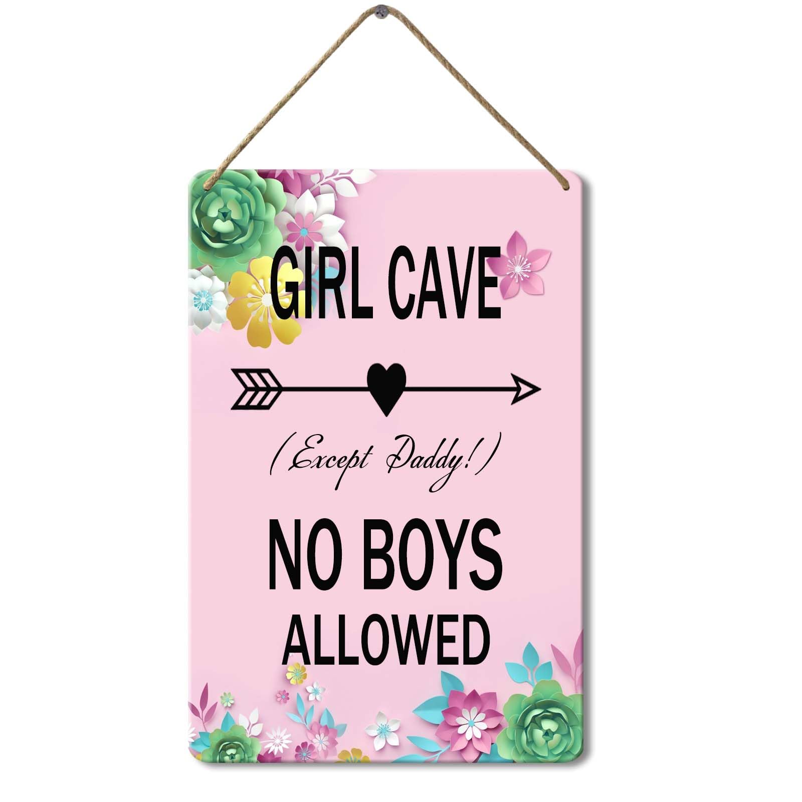 Wooden Girl Cave Sign, 8x12 Inch, No Boys Allowed for Girl Bedroom Decor